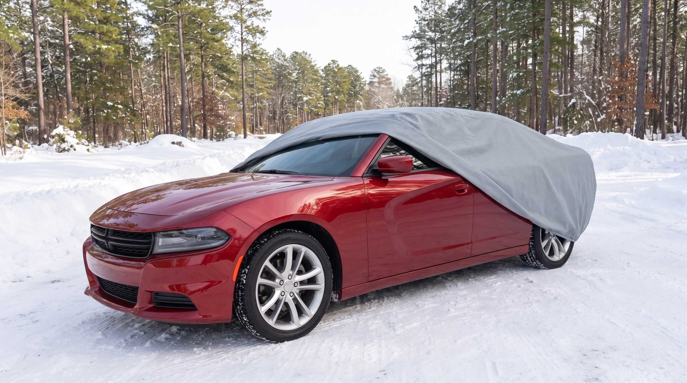 A red sedan in a snowy clearing among tall pines, its light grey cover drawn back off the hood and windshield, the door mirror in the open.