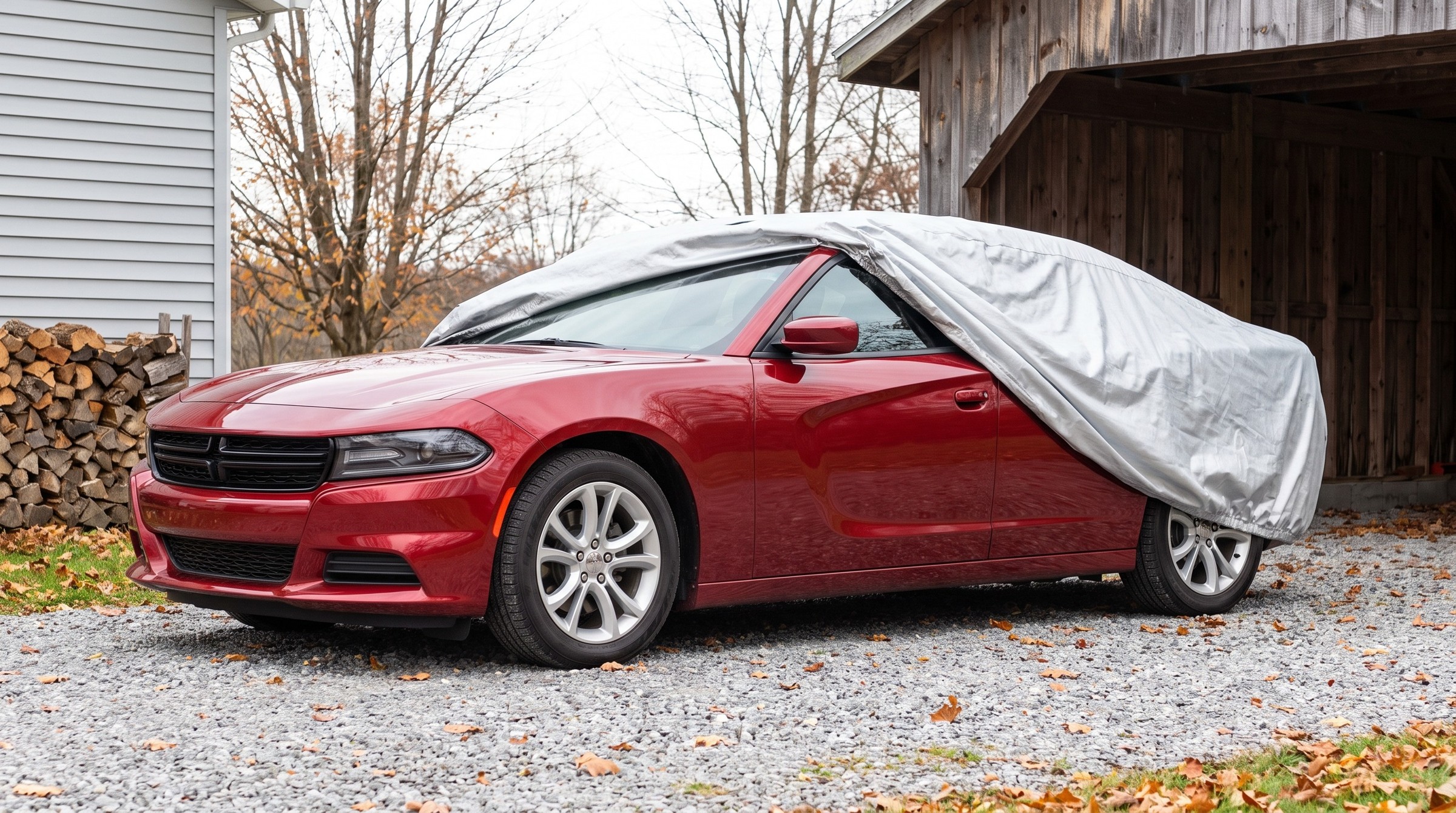 A red sedan with a bright silver cover drawn back off the front, the door mirror in the open, beside a wooden carport in autumn.