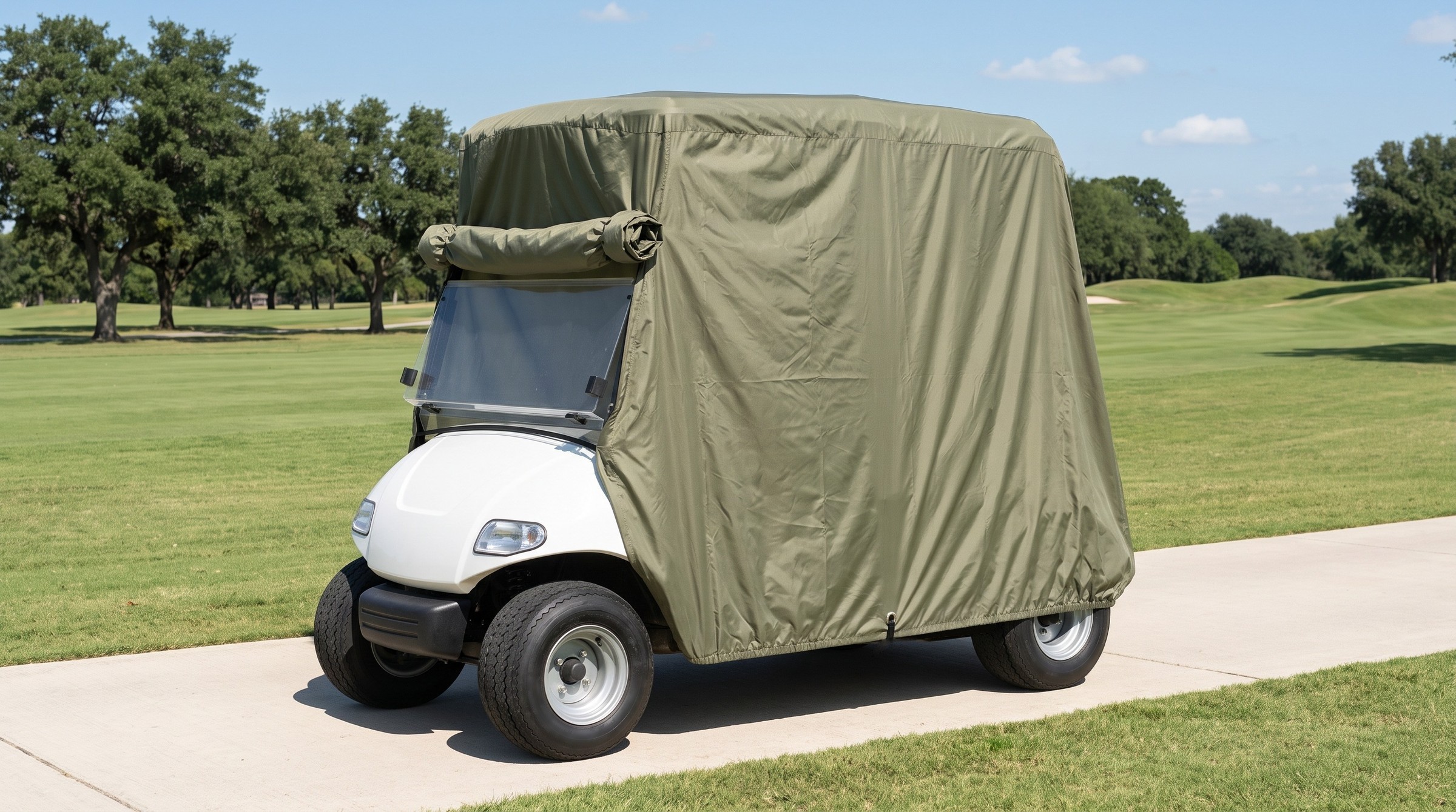 A white golf cart on a cart path beside a fairway, an olive cover over the roof and sides with the front panel rolled up.
