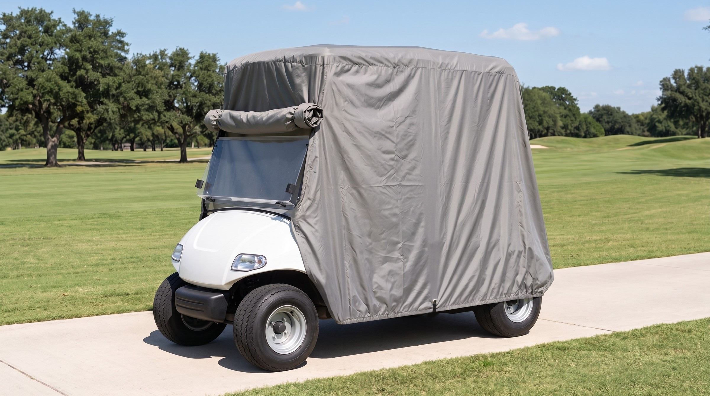 The same cart and path under a gray cover with the front panel rolled up.