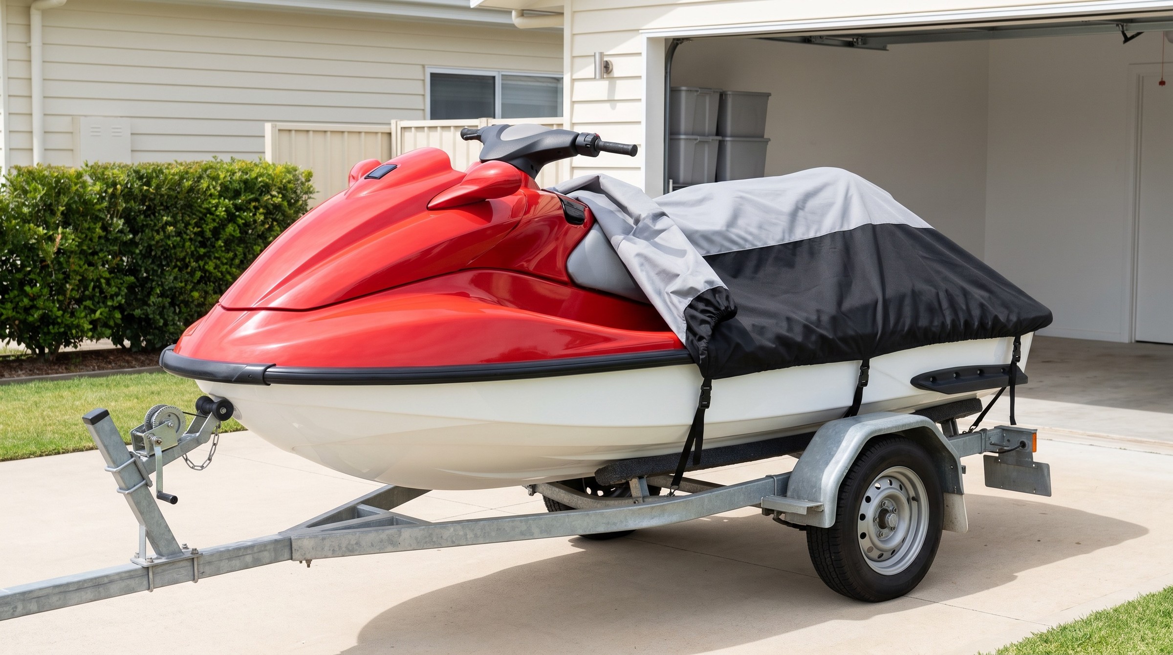 A red and white personal watercraft on a trailer in a sunny home driveway, its gray and black two-tone cover rolled back off the bow to the seat and strapped down, the garage open behind it.