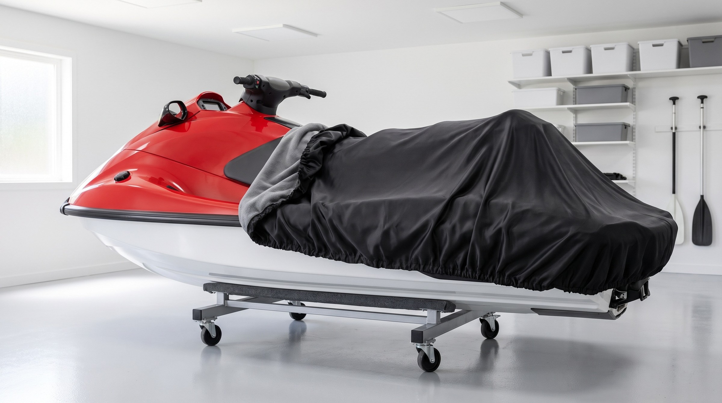 A red and white personal watercraft on a wheeled dolly in a bright white garage, its deep black satin cover rolled back off the bow to the seat.