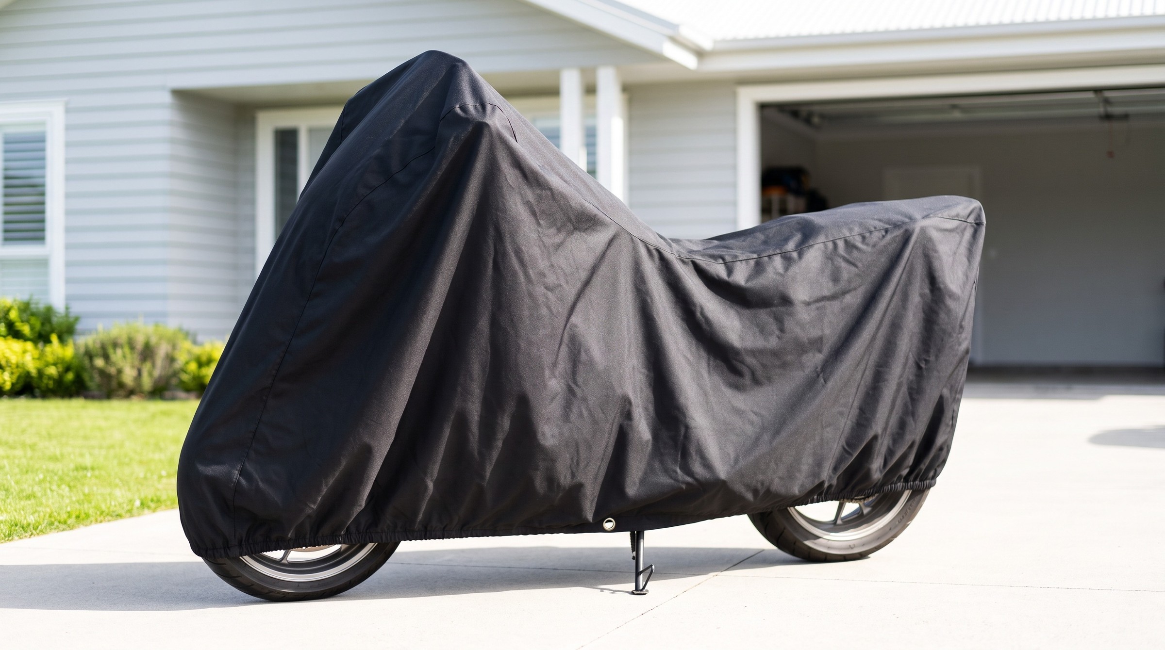 A touring motorcycle with a tall windshield under a matte black cover, on its side stand on a sunlit driveway in front of an open garage.
