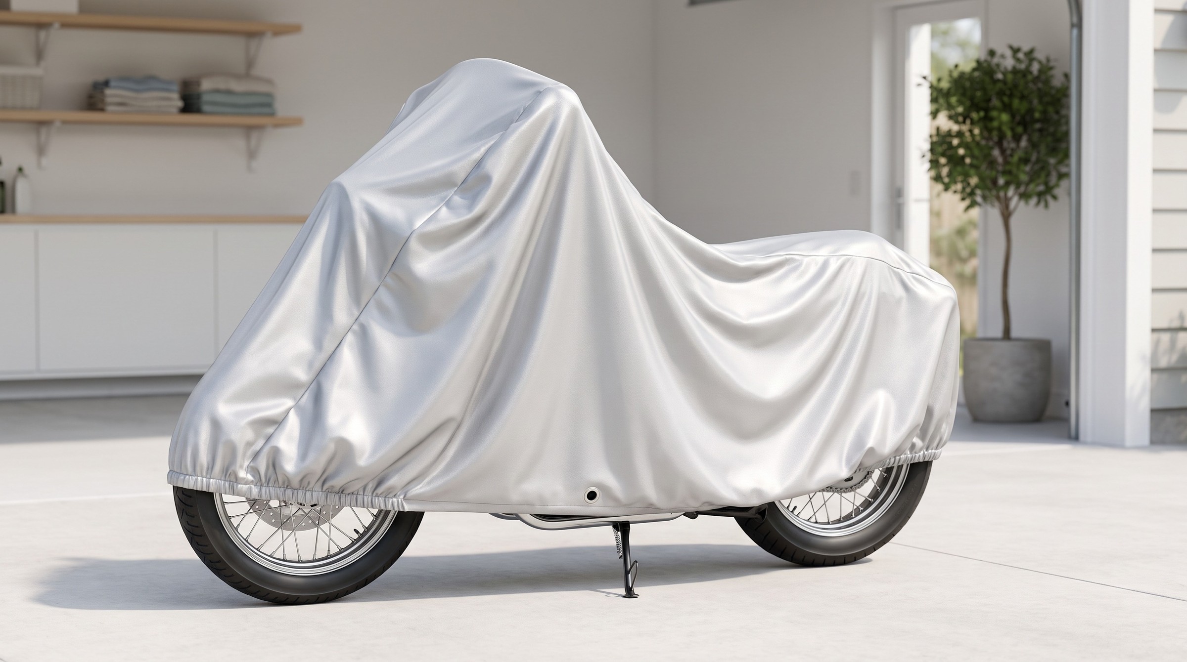 A motorcycle with spoked wheels under a bright silver cover, on its side stand at the open door of a bright, tidy garage with shelves and a potted tree.