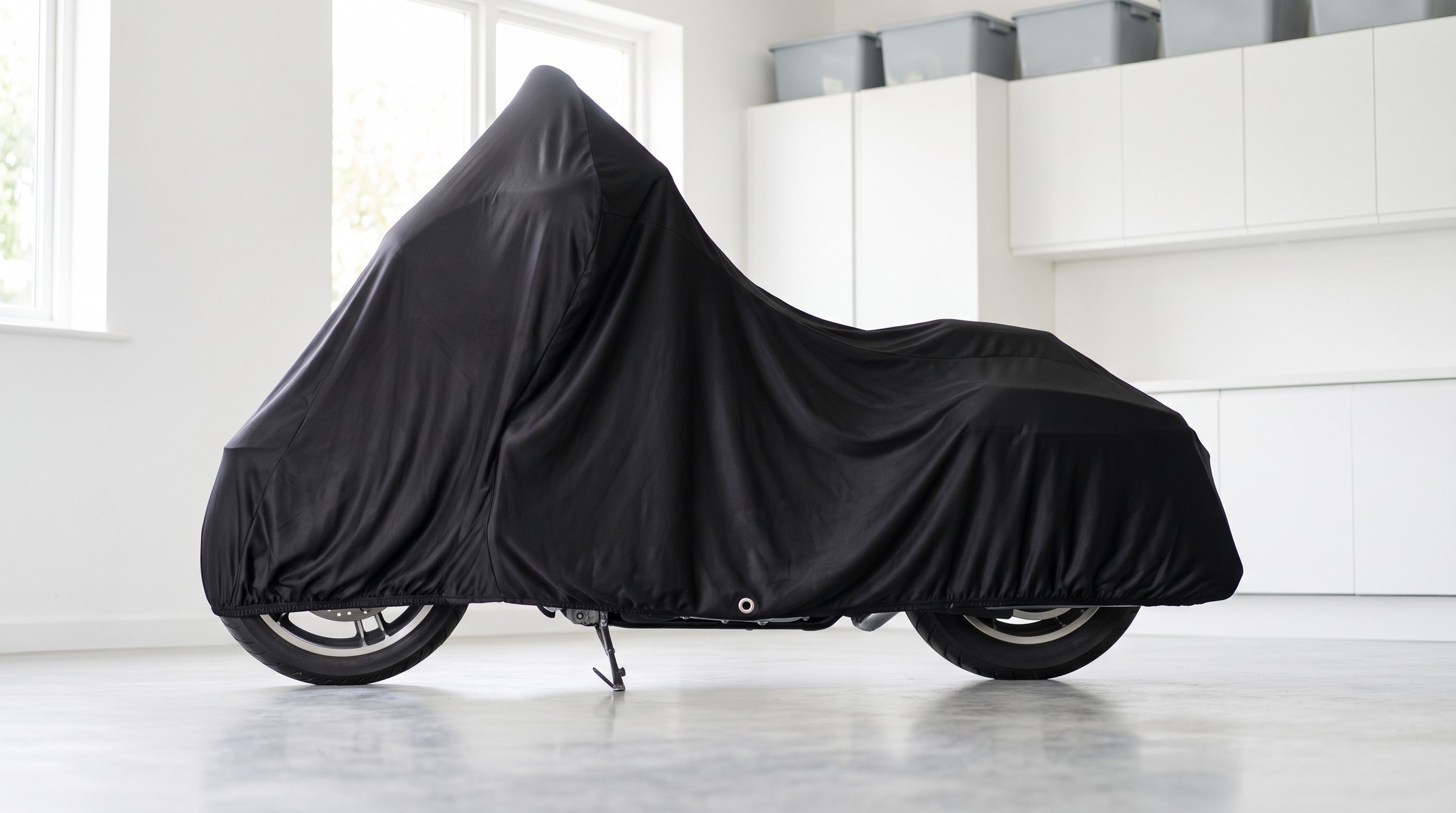 A touring motorcycle under a black satin cover, on its side stand in a bright white garage with cabinets and storage bins.