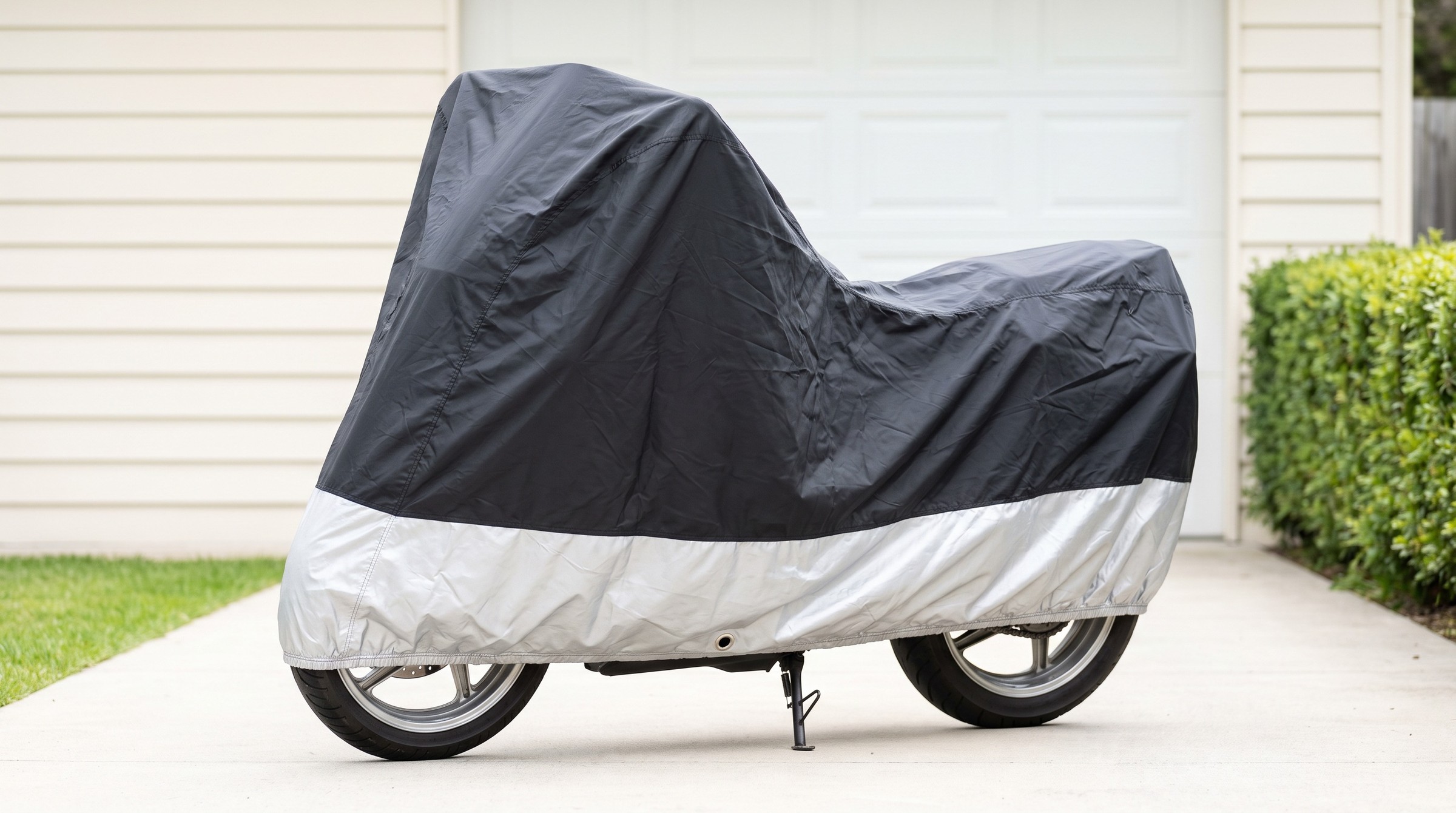 A motorcycle under a black cover with a silver lower band, on its side stand on a pale driveway in front of a white garage door and a clipped hedge.