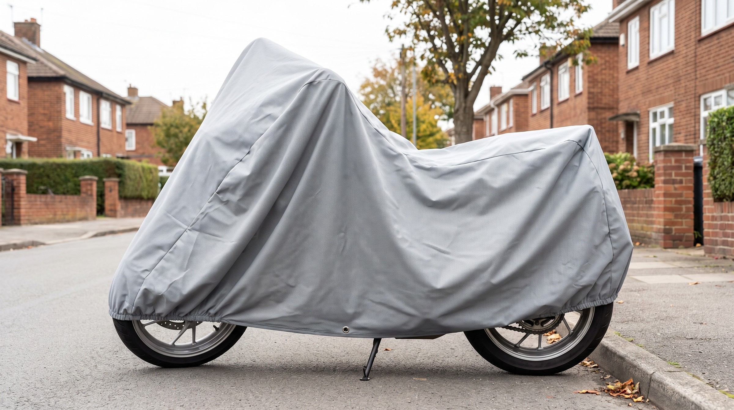 A motorcycle under a matte mid grey cover, on its side stand at the curb of a street of brick houses on an overcast day.