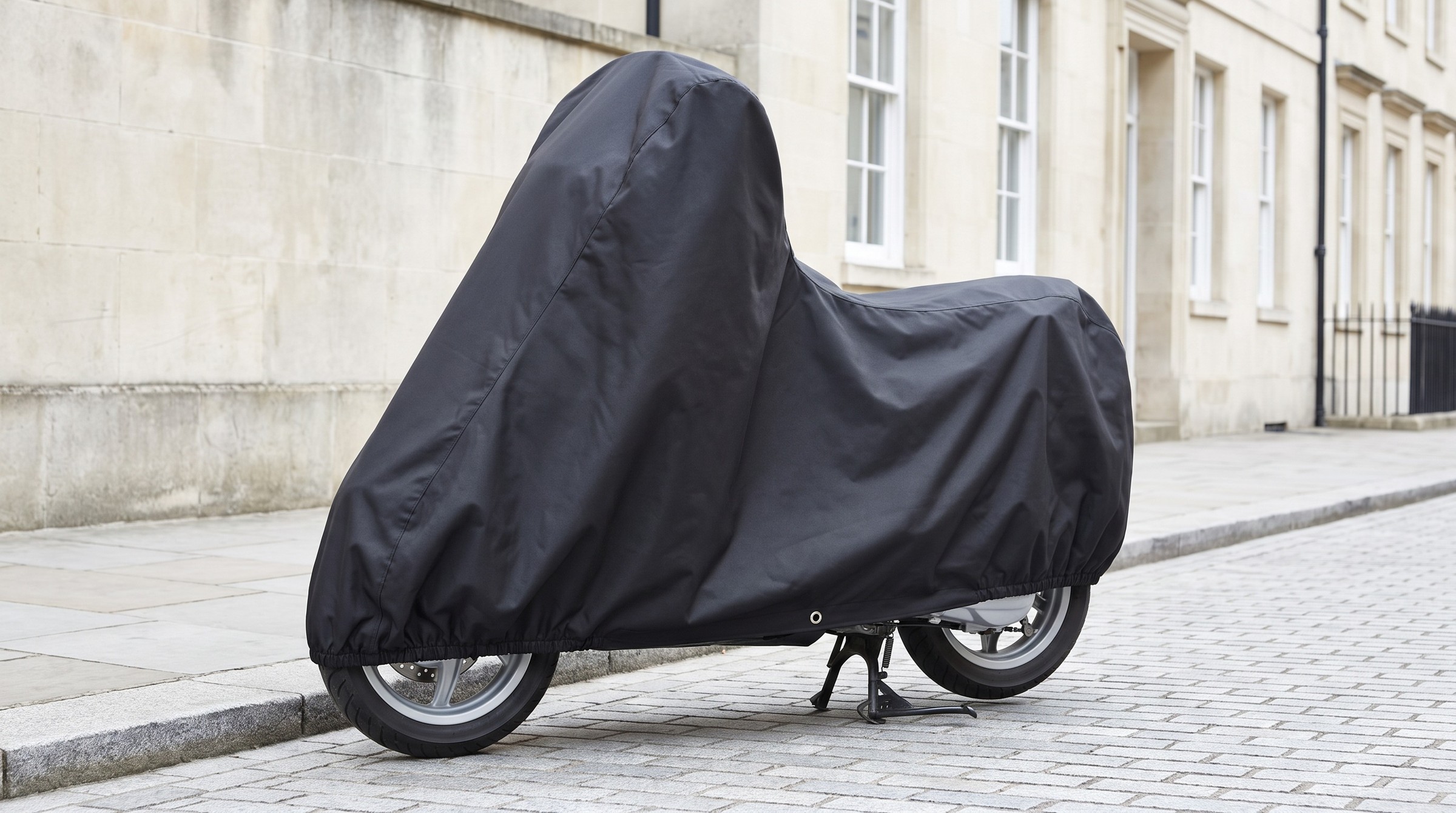 A scooter under a matte black cover on a terraced street.