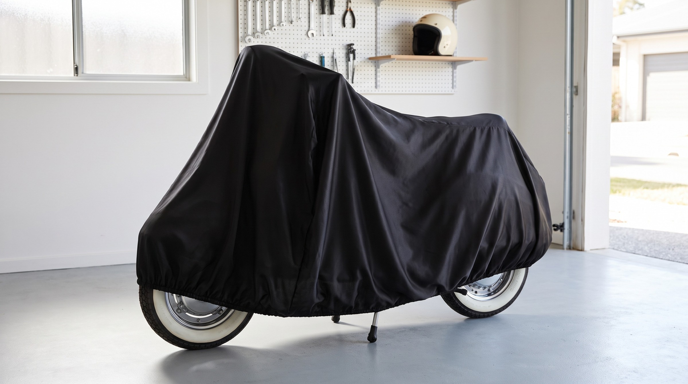 A scooter under a black stretch cover in a bright white garage.