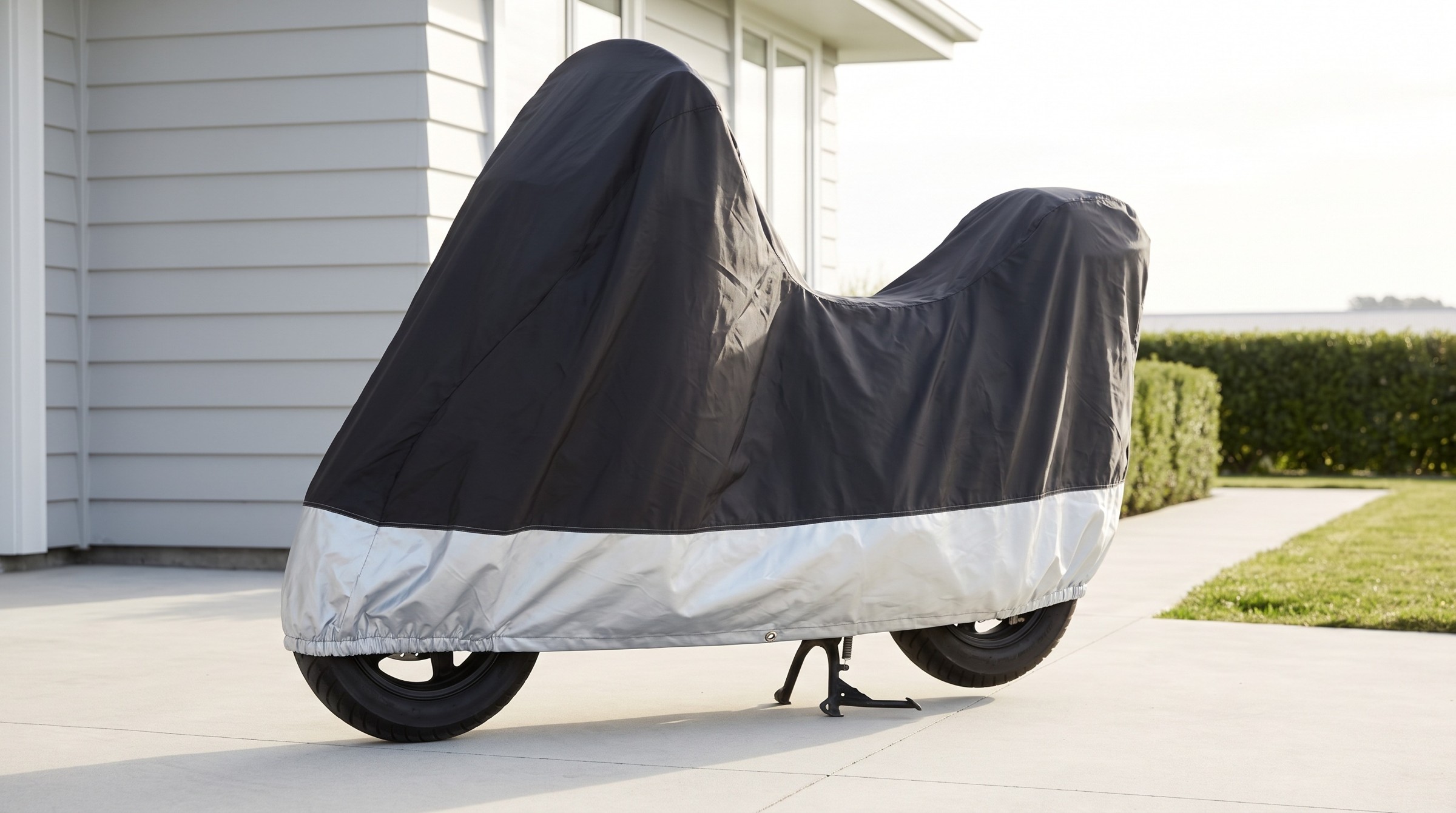 A scooter under a black cover with a silver lower band, on a driveway by a white house.