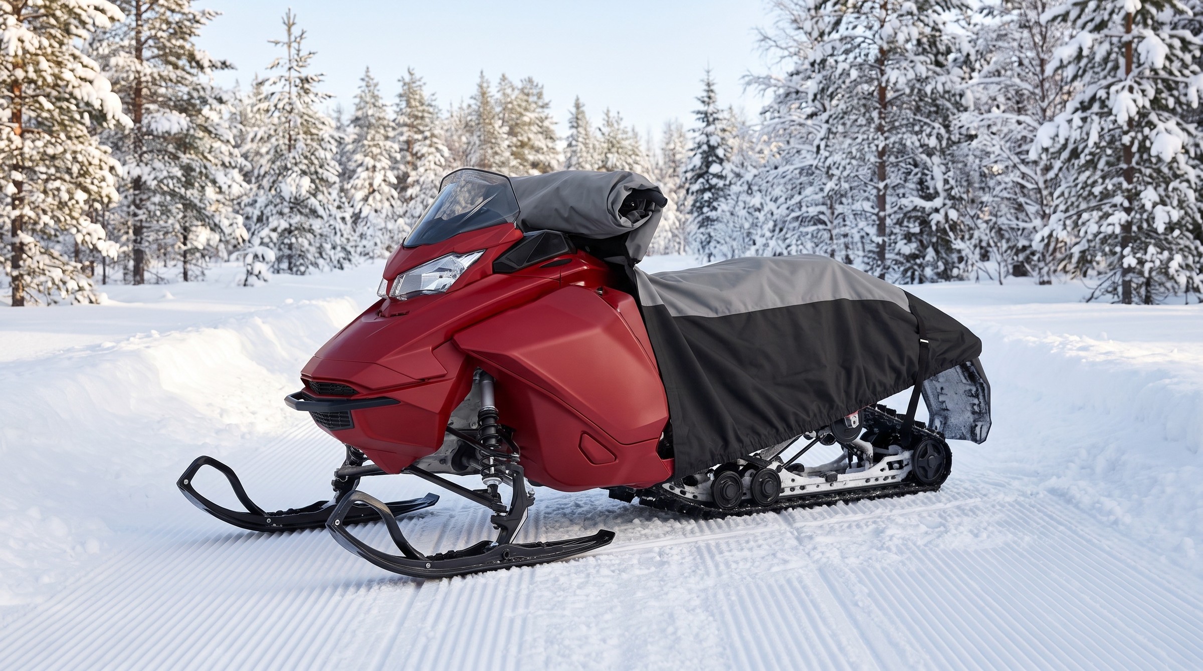 A red snowmobile on a groomed trail in a snowy pine forest, its gray and black two-tone cover rolled back onto the handlebars behind the windscreen.