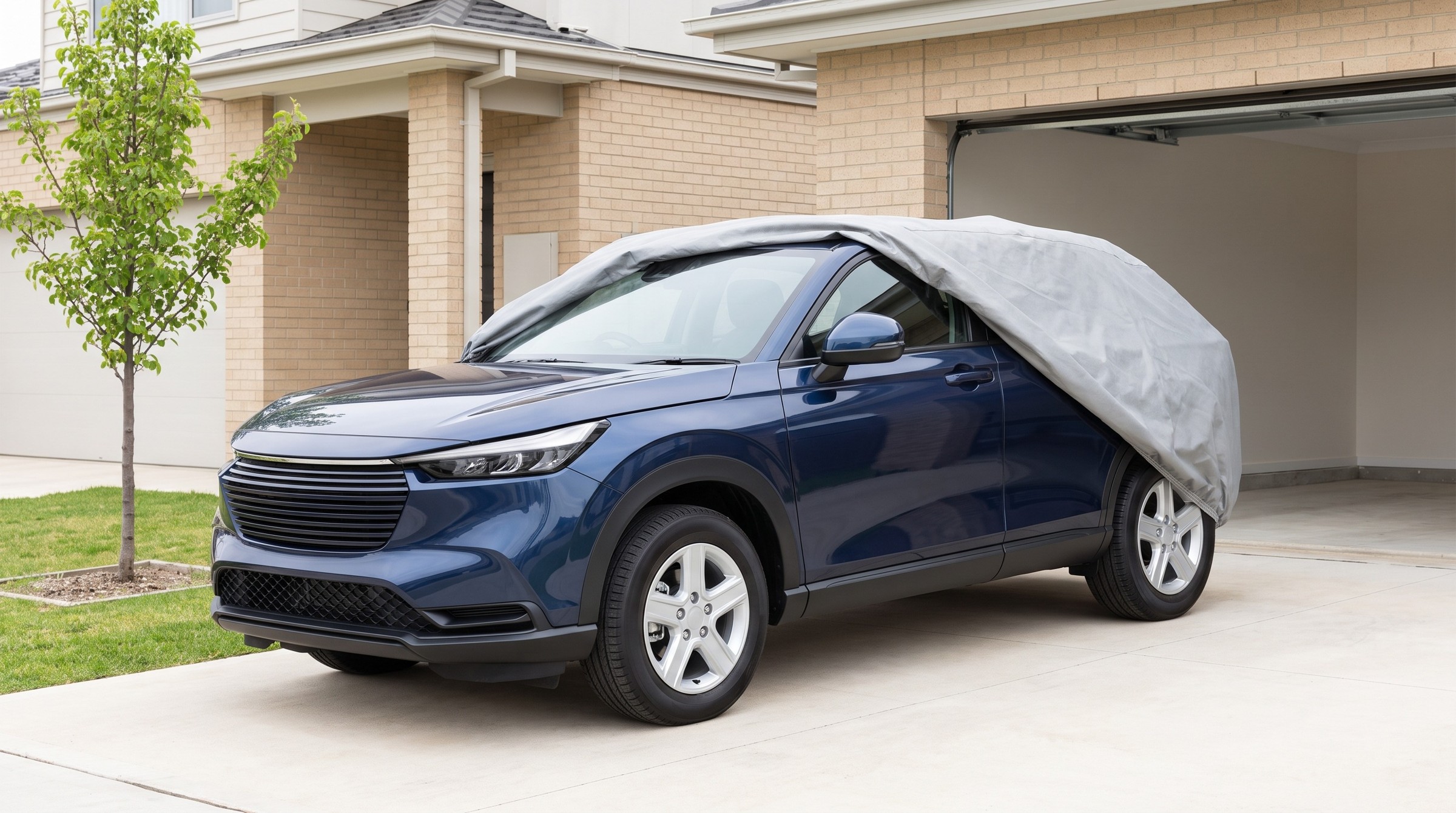 A dark blue SUV with a light grey cover drawn back off the front, the door mirror in the open, on a concrete driveway beside a brick house with an open garage.