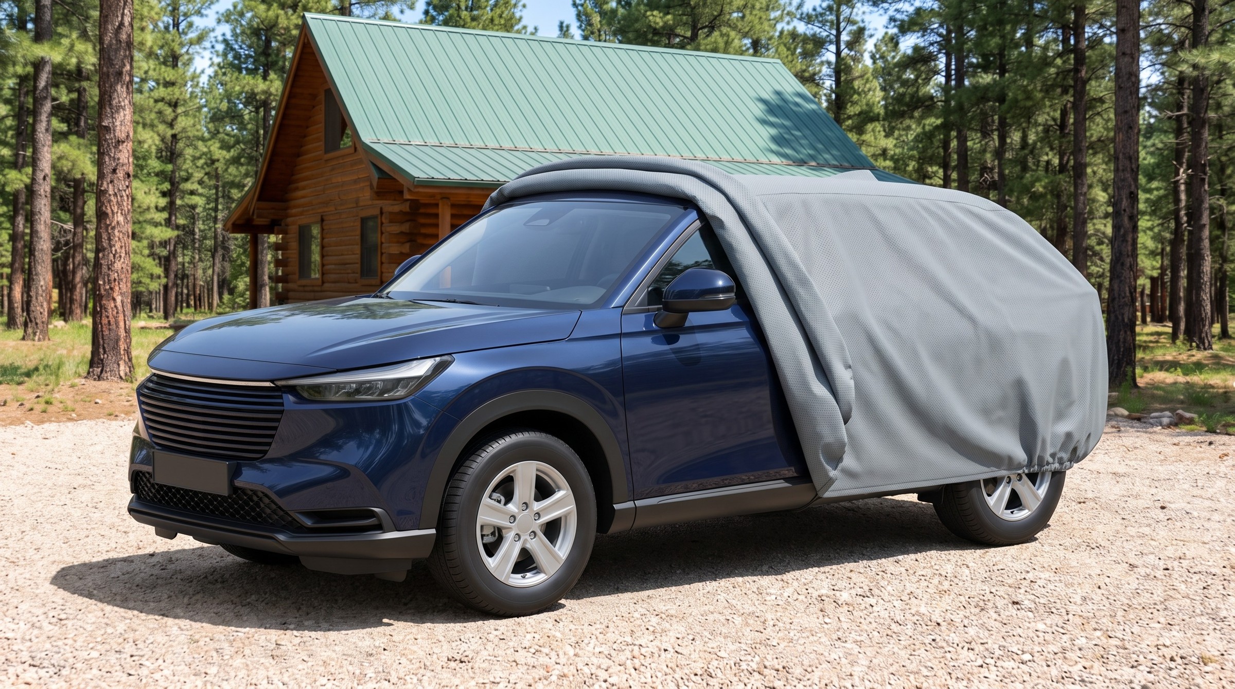 A dark blue SUV with a mid grey cover drawn back off the front, the door mirror in the open, on gravel in front of a log cabin among pines.