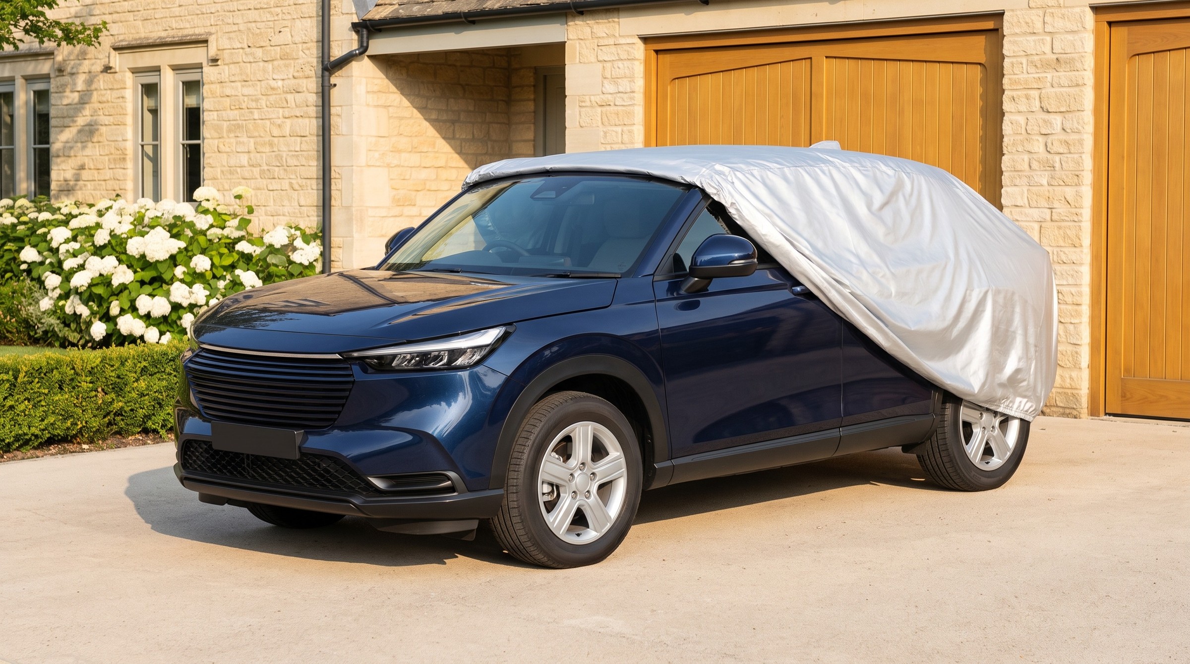A dark blue SUV with a bright silver cover drawn back off the front, the door mirror in the open, on a pale driveway in front of a stone house with wooden garage doors and white hydrangeas.