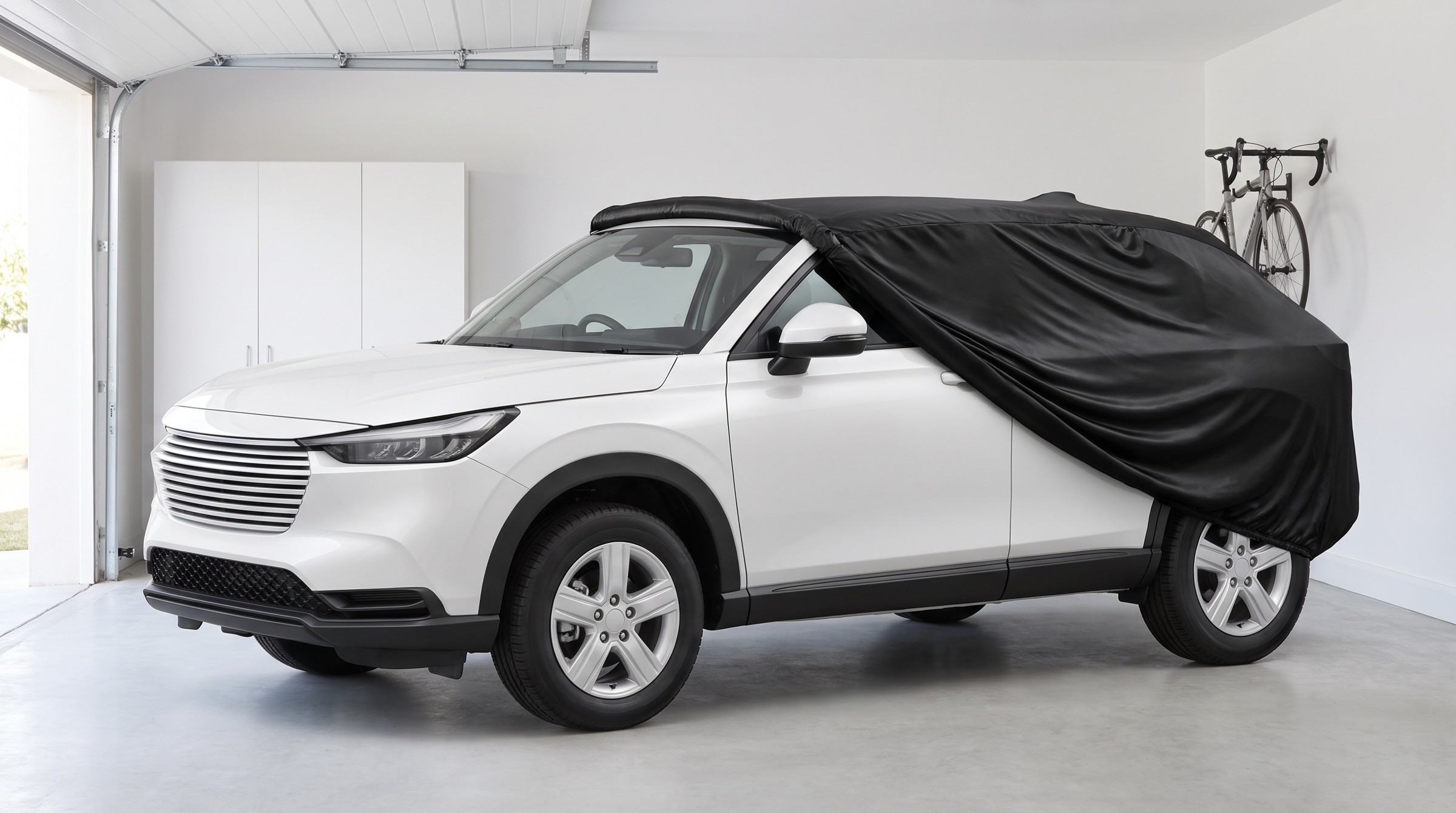 A white SUV with a black satin cover drawn back off the front, the door mirror in the open, in a bright white garage.