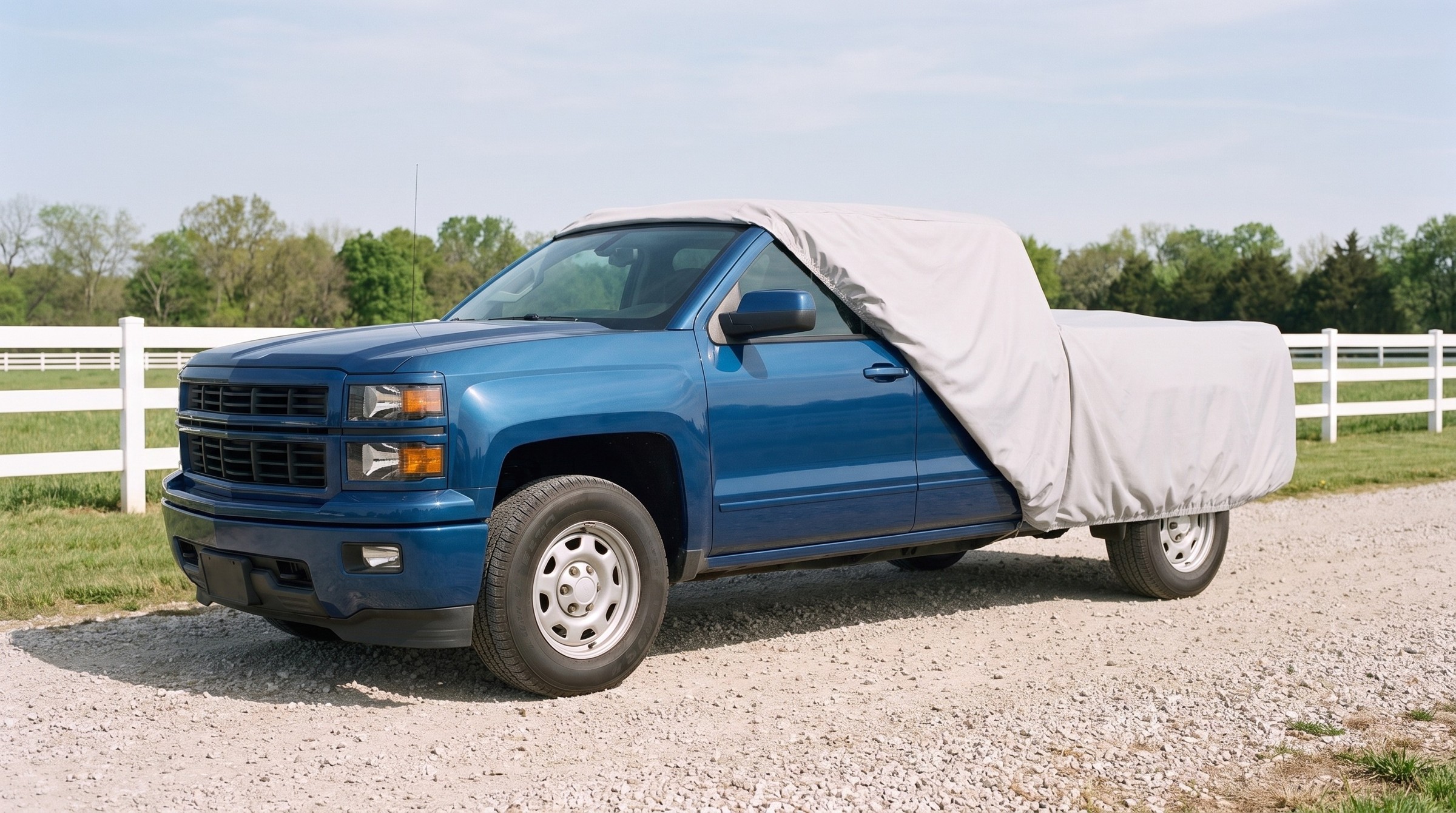 A blue pickup with a light grey cover drawn back off the front, the door mirror in the open, on gravel beside a white paddock fence.