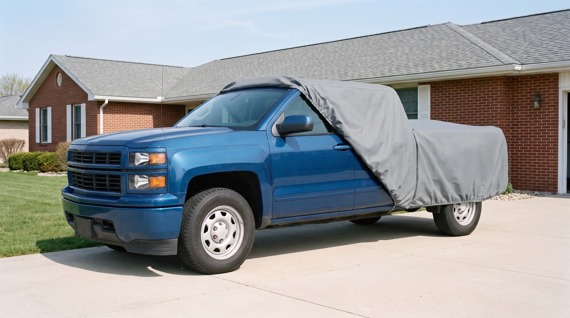 A blue pickup with a mid grey cover drawn back off the front, the door mirror in the open, on a concrete drive in front of a brick ranch house.