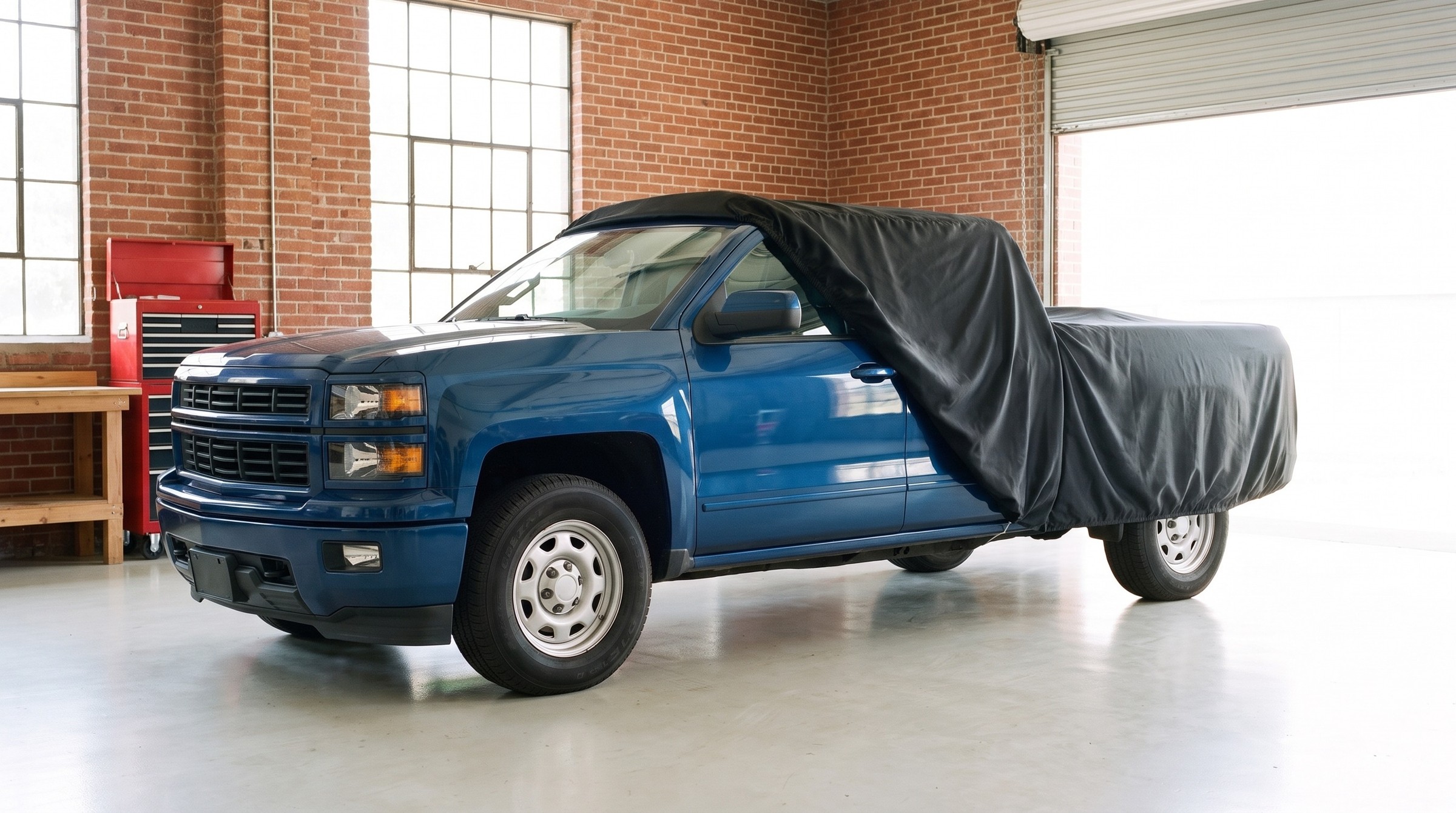 A blue pickup with a black cover drawn back off the front, the door mirror in the open, in a brick-walled workshop with tall windows.
