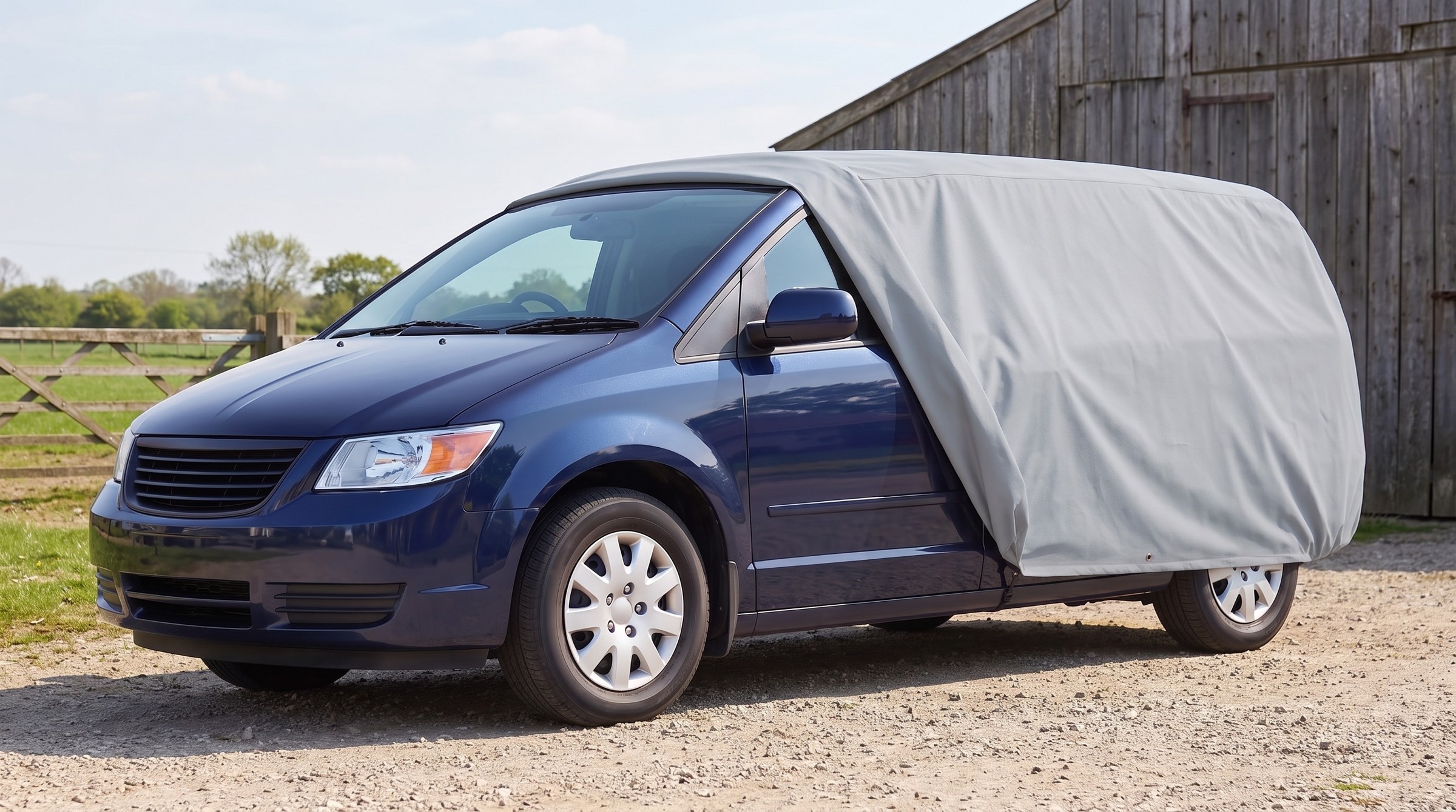 A dark blue minivan with a light grey cover drawn back off the front, the door mirror in the open, on a farm gravel yard in front of a barn.