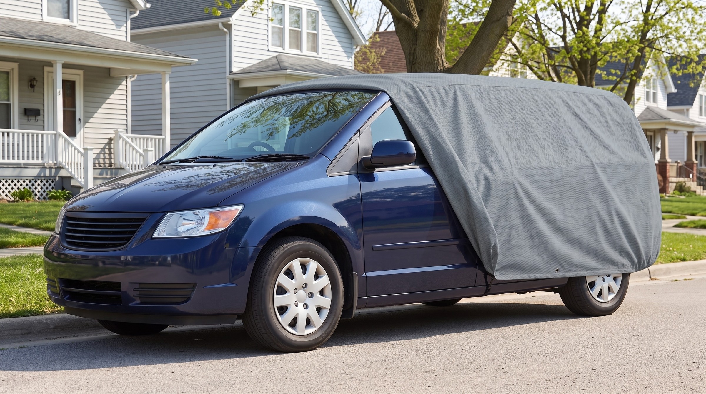 A dark blue minivan with a mid grey cover drawn back off the front, the door mirror in the open, on a street of clapboard houses.