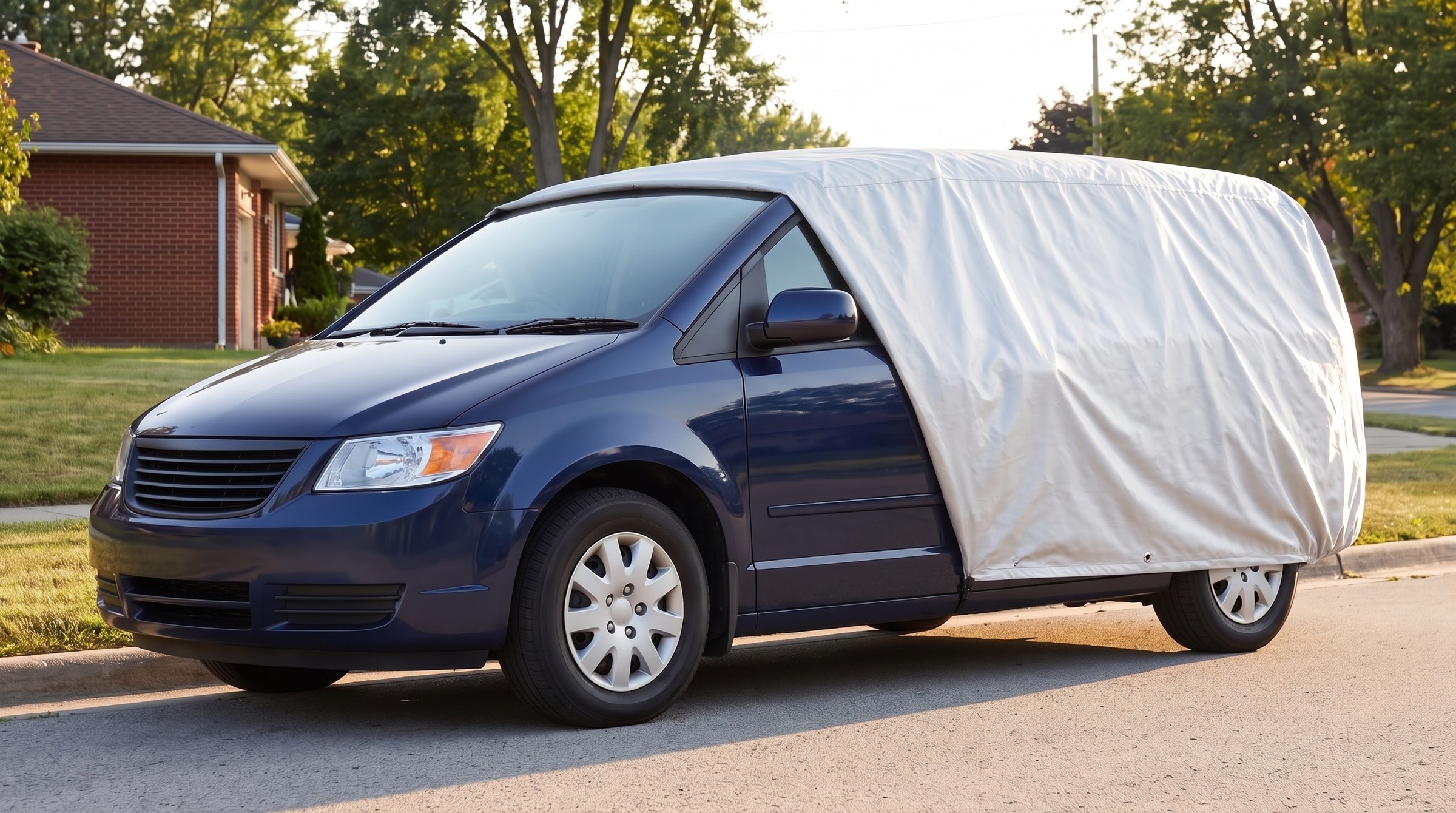 A dark blue minivan with a bright silver cover drawn back off the front, the door mirror in the open, at a kerb on a tree-lined street.