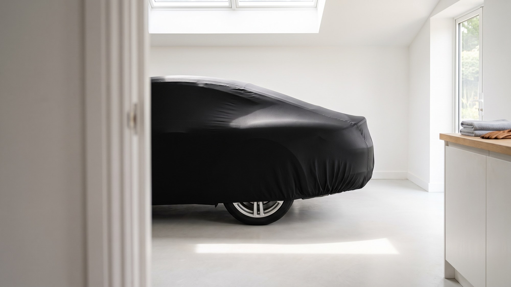 The rear half of a low coupe under a black stretch indoor cover in a bright white home garage, seen through an open doorway, with folded towels and driving gloves on the counter beside it