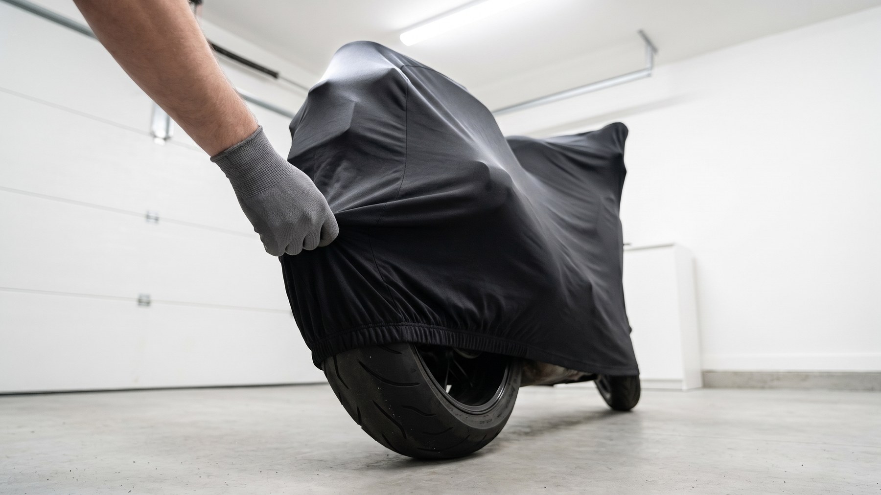 A gloved hand drawing the elastic hem of a black stretch cover down over a motorcycle's rear tire in a bright white garage.