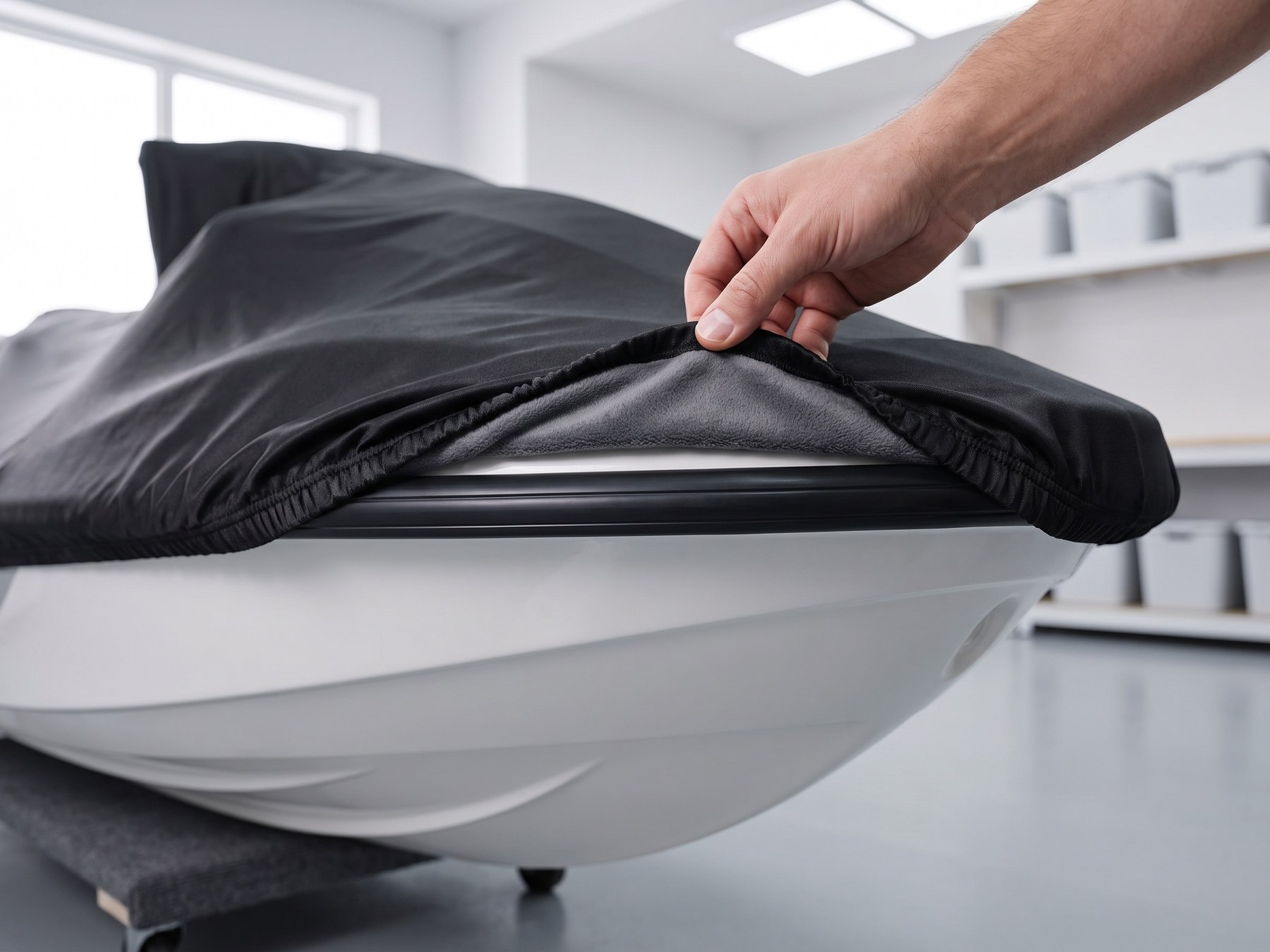 A hand turning back the elastic hem of a black stretch cover at the deck edge of a jet ski, the short grey fleece inside showing.