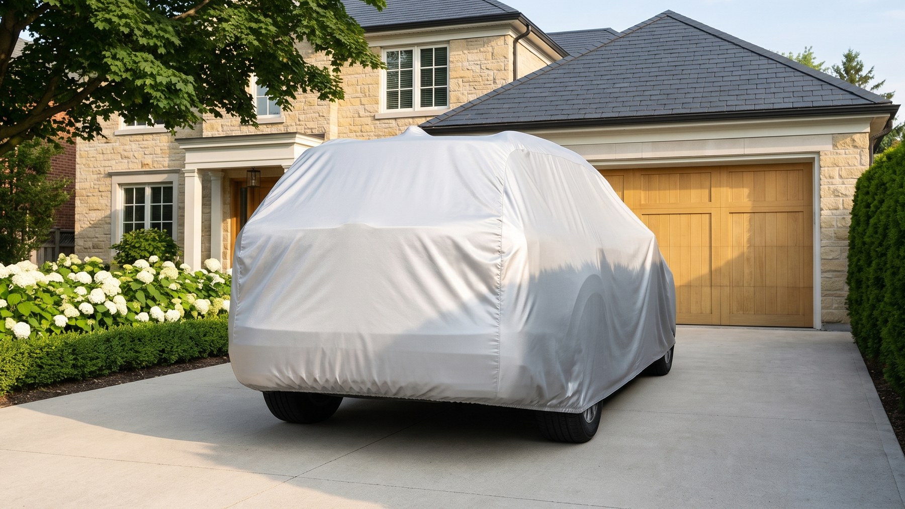 An SUV under a bright silver cover on a concrete driveway in front of a stone house and a wooden garage door, on a clear afternoon