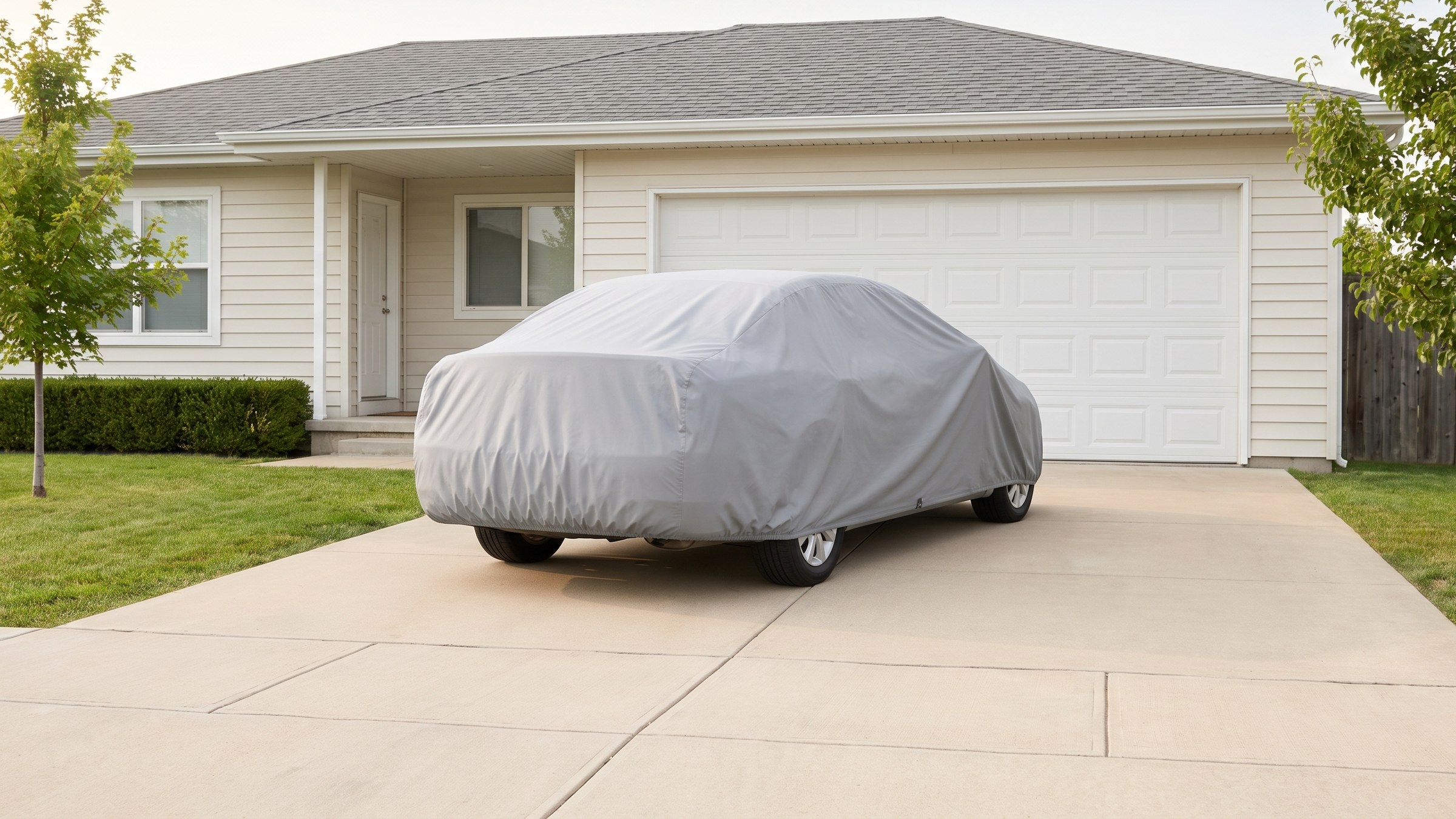 A light grey cover on a sedan parked in a driveway in daylight, seen from the rear three-quarter