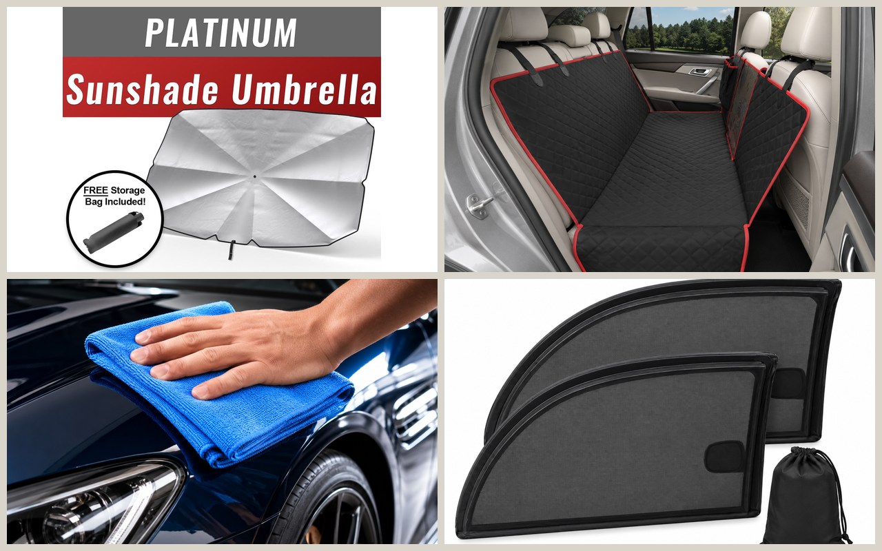 A sunshade umbrella, a pet seat hammock, a blue microfiber towel on a car hood and two rear-window sunshades