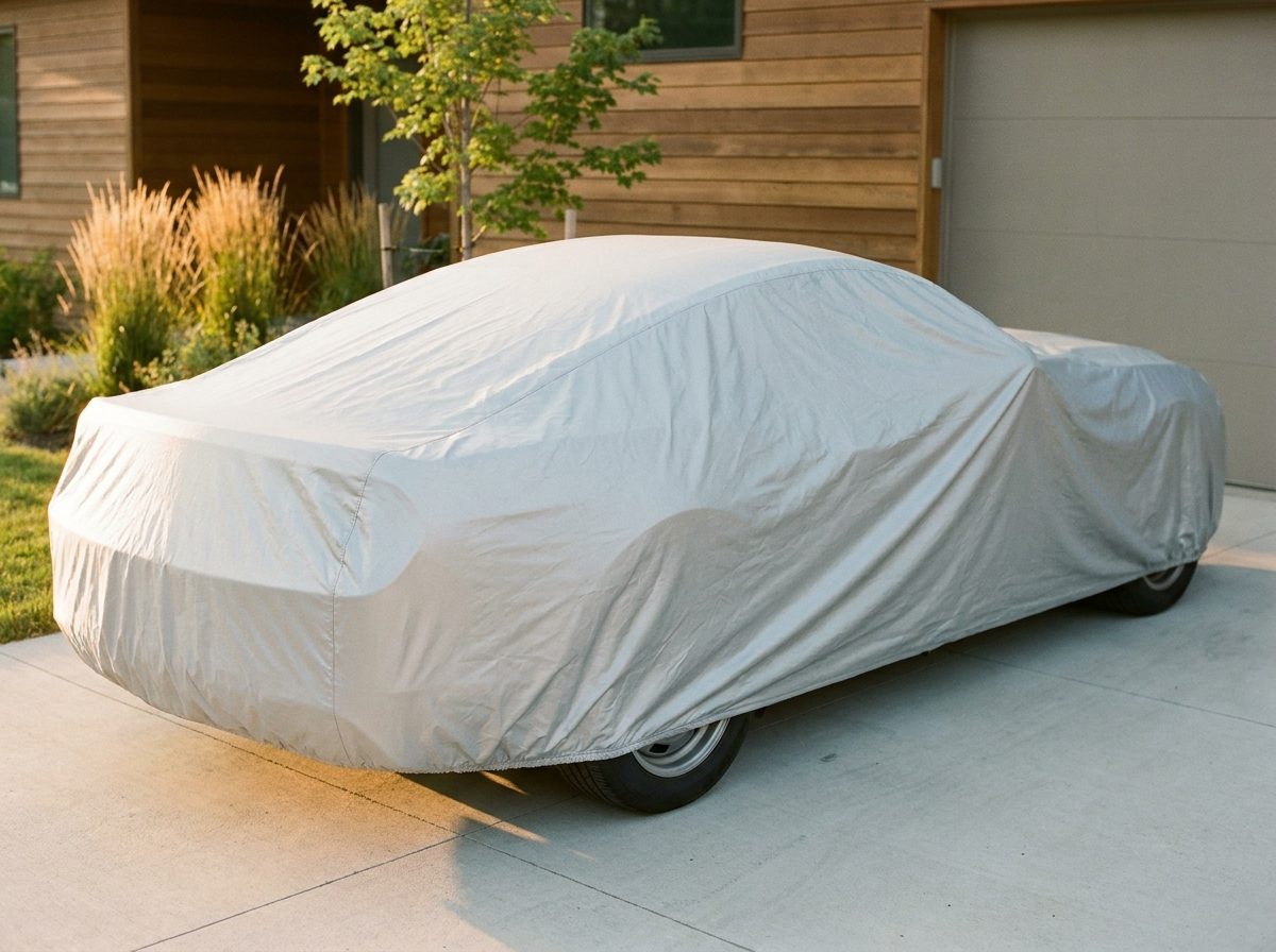 A fastback coupe under a one-piece silver outdoor cover on a home driveway at golden hour, seen from the rear three-quarter.