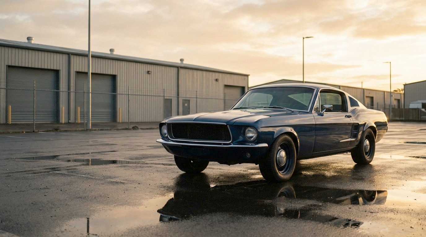 A classic blue Ford Mustang fastback parked in golden evening light.