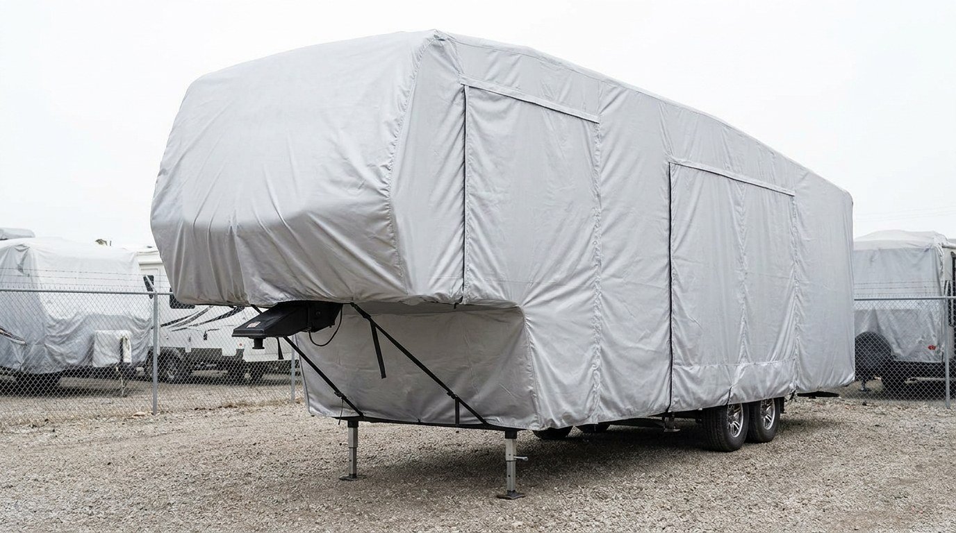 A fifth-wheel trailer on its landing gear in an RV storage lot, under a fitted silver cover.