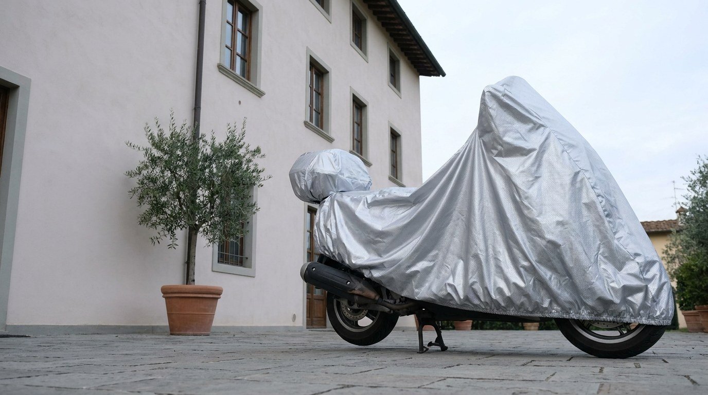 A scooter under a silver cover on a stone courtyard beside a villa, an olive tree in a terracotta pot nearby.
