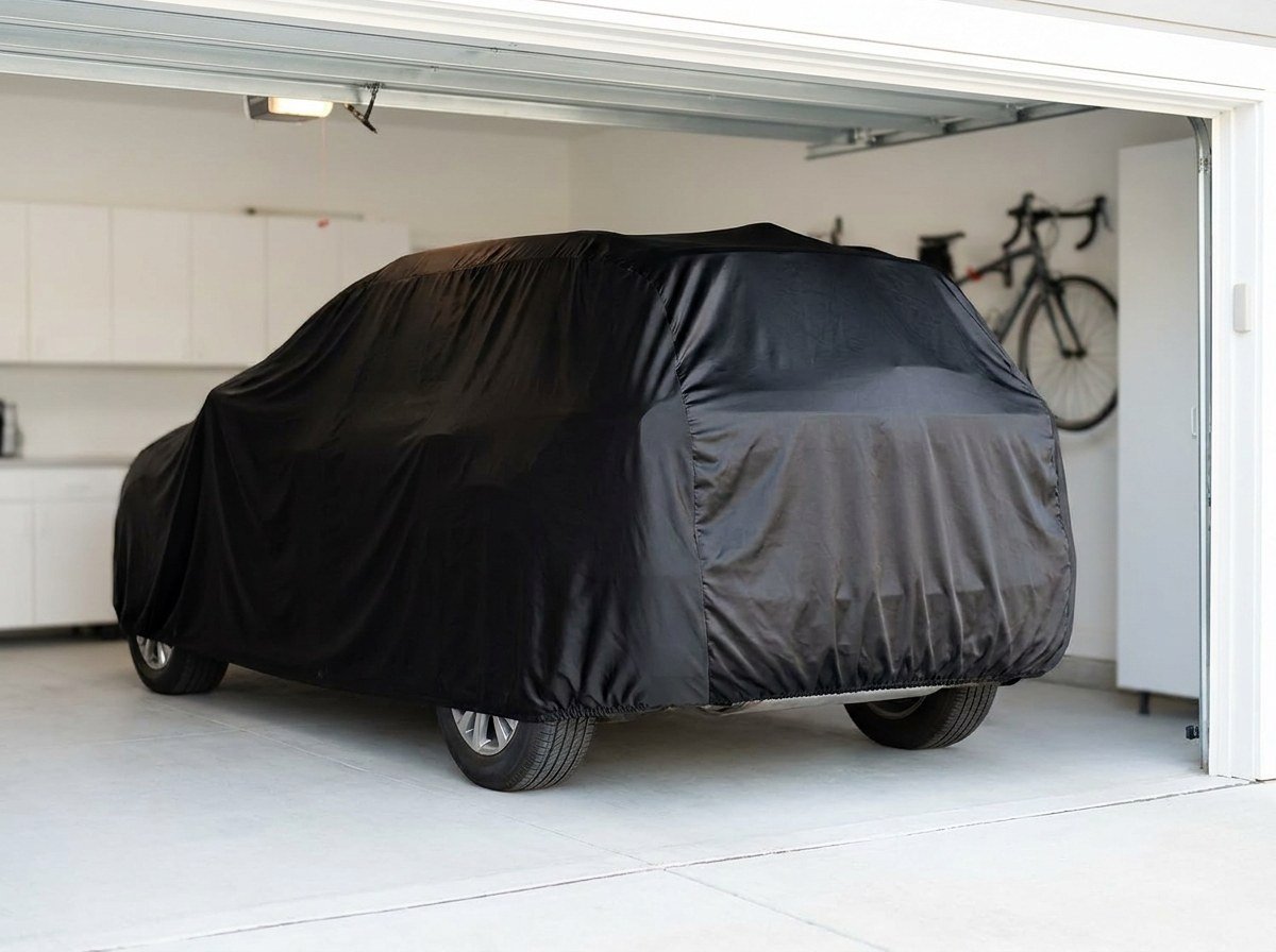 An SUV under a fitted black cover in a wood-panelled garage, a desk lamp and folded blankets on a shelf behind it.