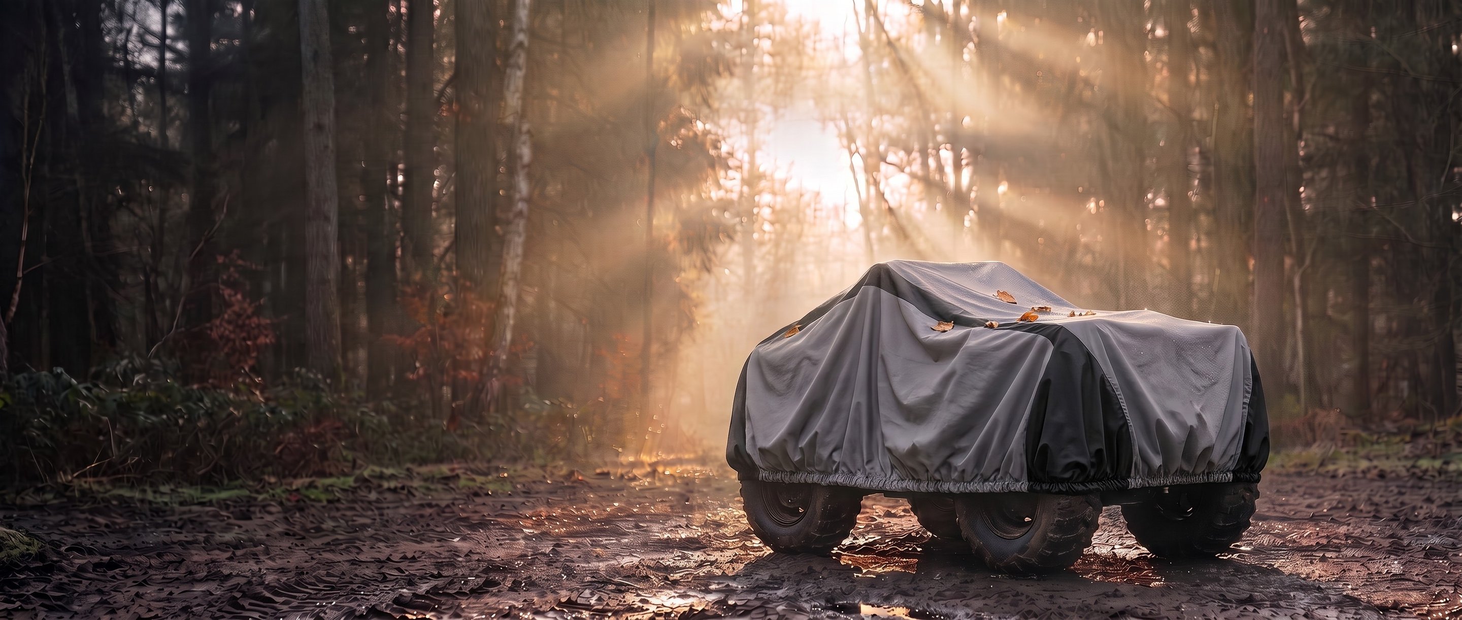 Grey and black cover cinched under the body with an elastic hem on a quad bike on a misty forest track at sunrise