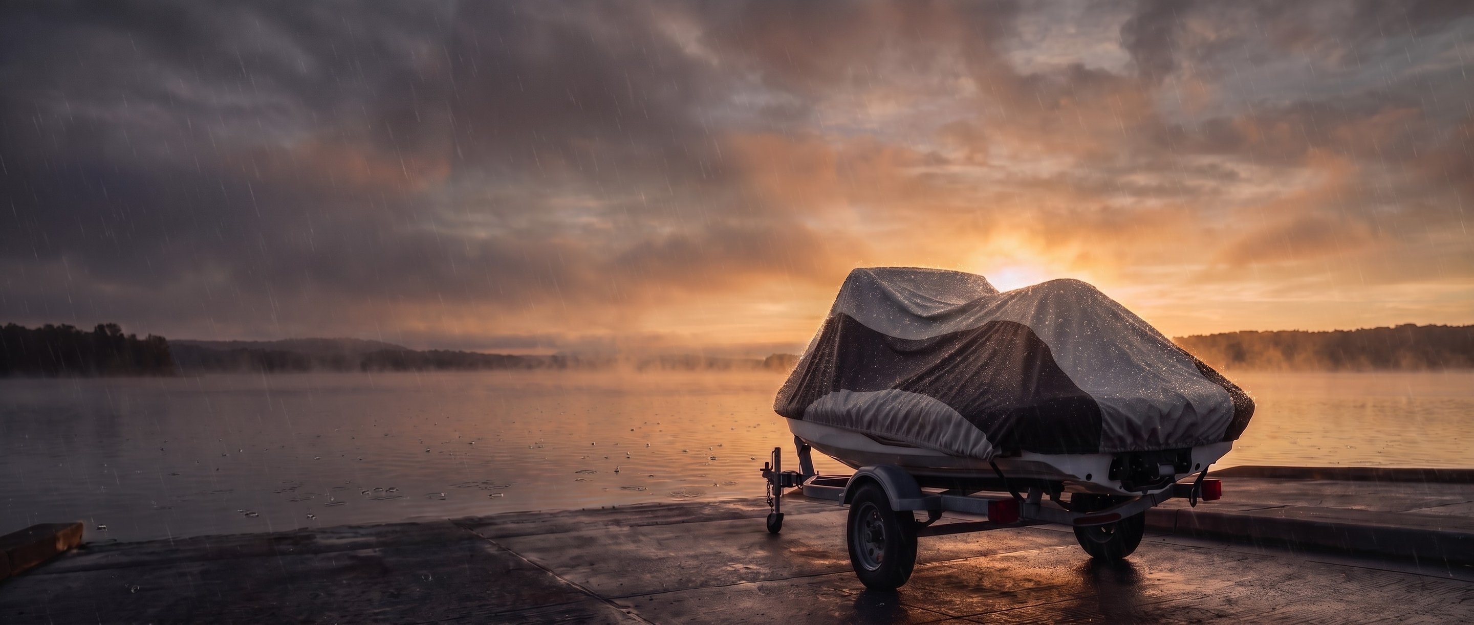Two-tone cover draped loose over a personal watercraft on its trailer at a misty lake ramp