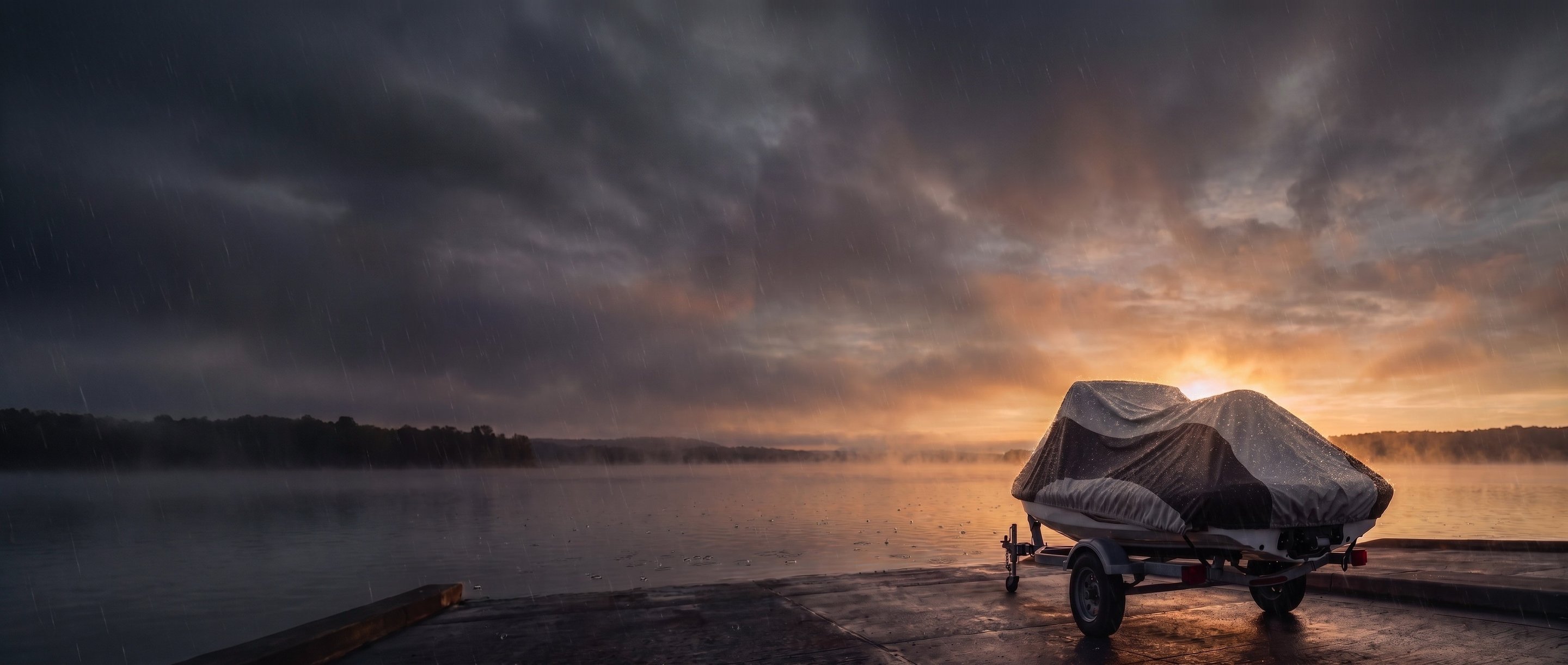 Two-tone cover beaded with rain on a personal watercraft on its trailer at a wet lake ramp under a stormy sunrise