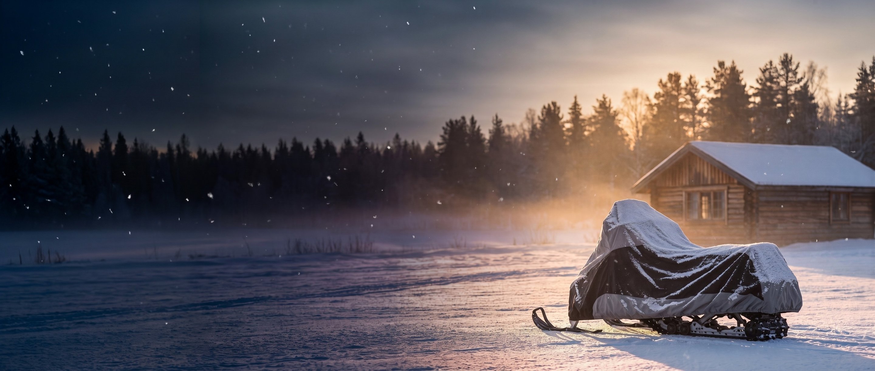Two-tone cover dusted with fresh snow on a snowmobile in a snowy field beside a log cabin at sunrise