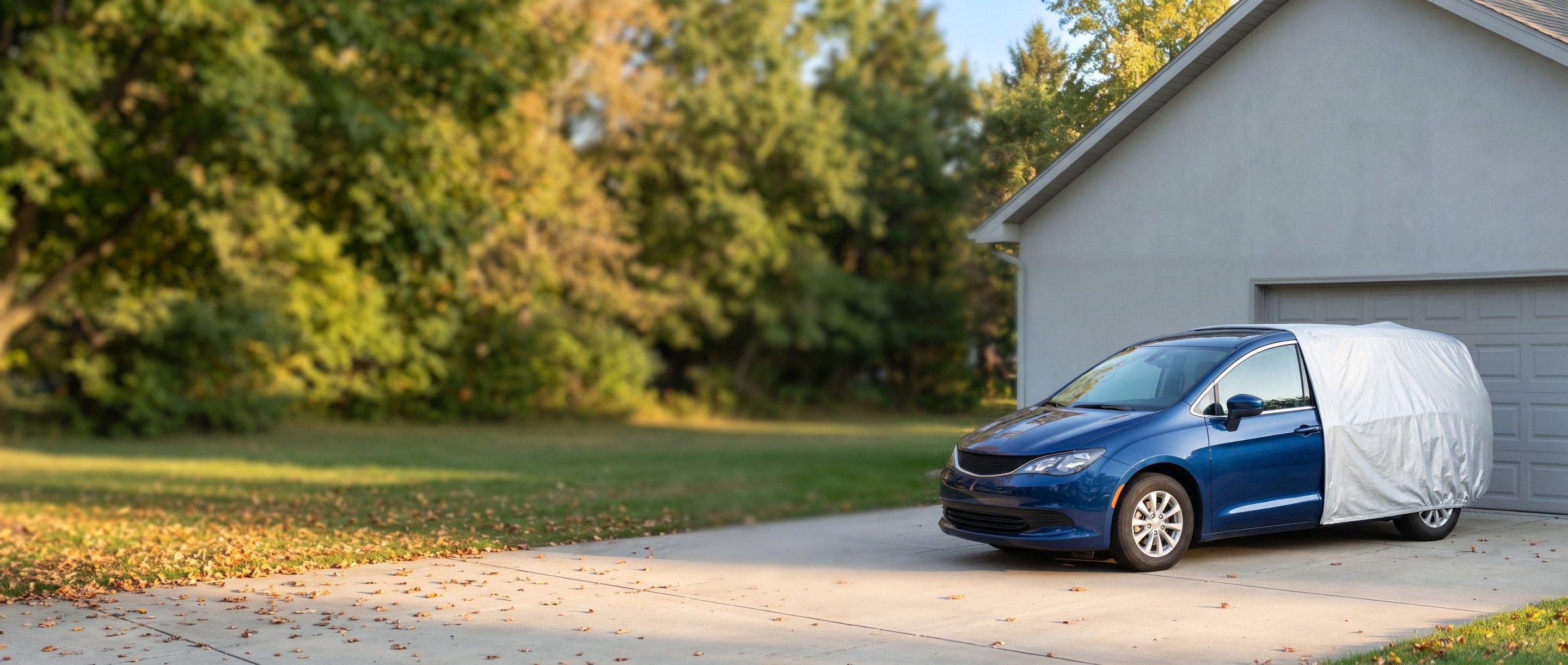 A blue minivan in a driveway with a silver cover drawn back over its rear, its front and windscreen uncovered