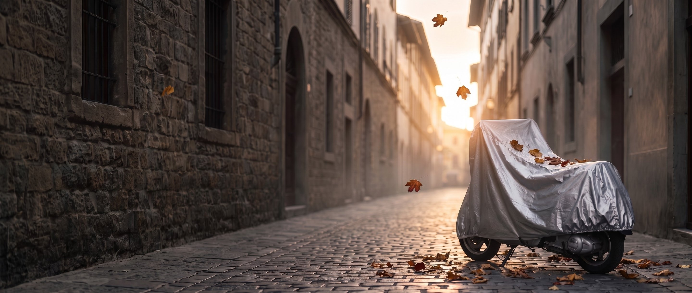 Silver cover on a scooter in a cobbled lane with a few leaves on the seat