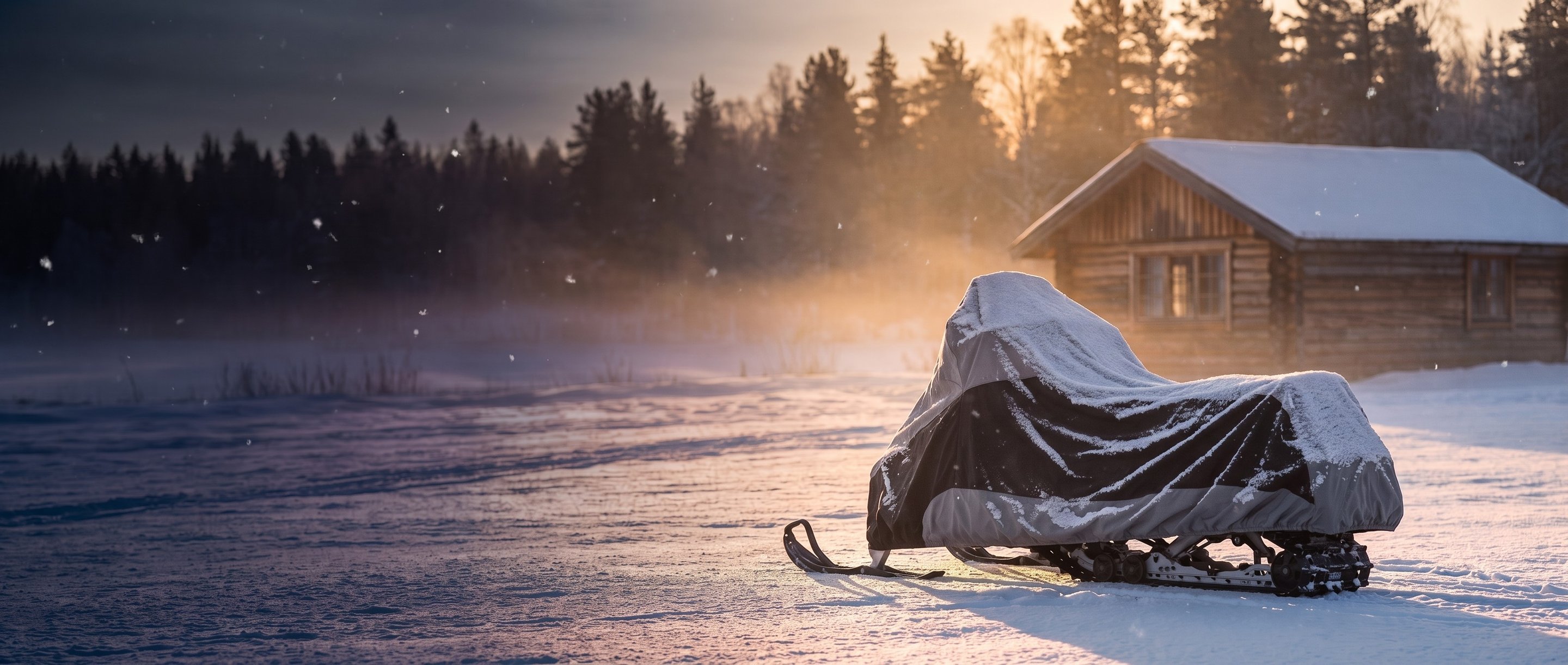 Two-tone cover on a snowmobile dusted with fresh snow in front of a log cabin at sunrise