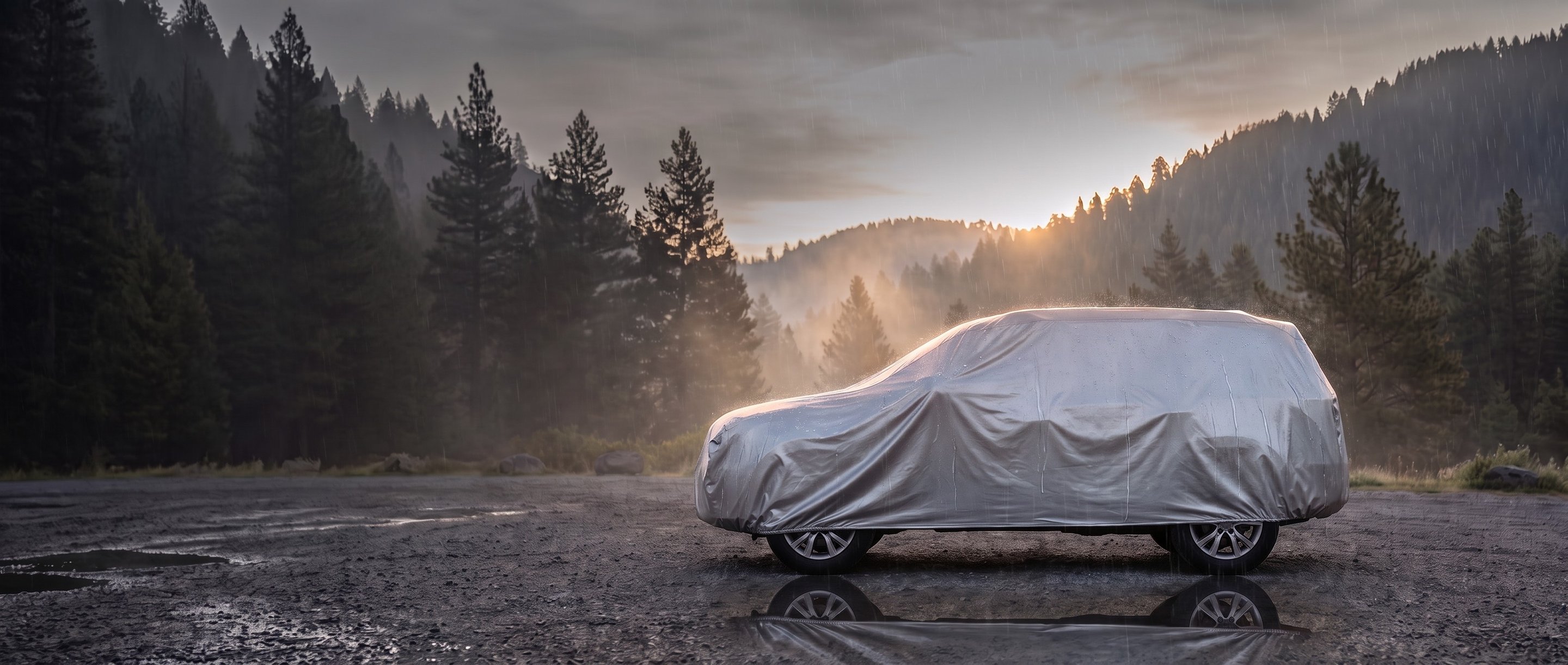 Silver cover on a midsize SUV after rain on a wet gravel lot in a misty pine forest