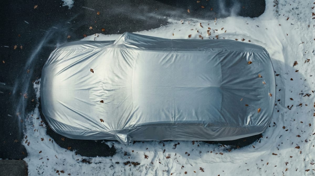 Silver car cover shedding snow, wind and blowing leaves