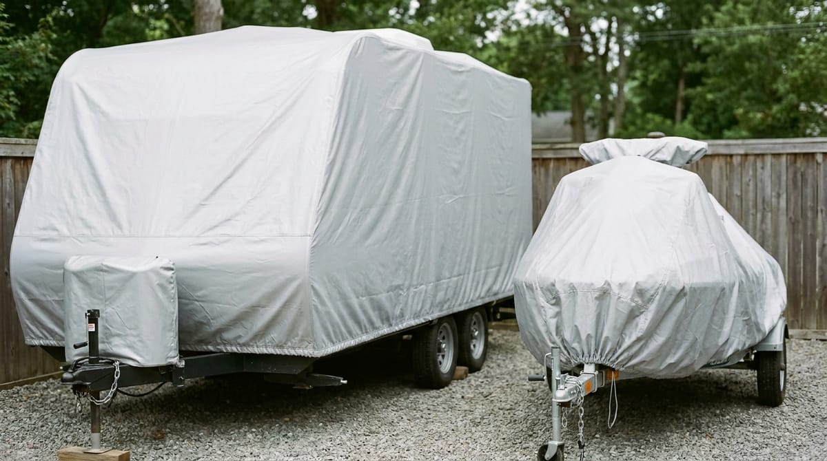 A covered travel trailer on a storage pad