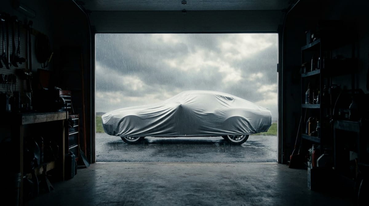 Covered car framed through a garage doorway on a rainy day