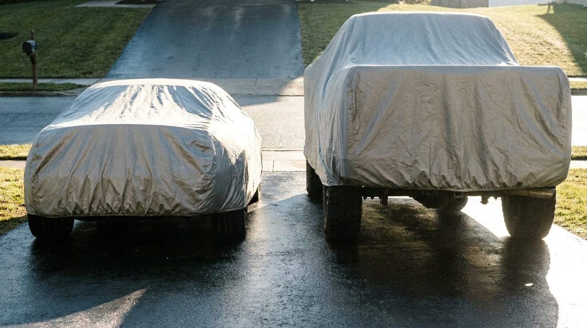 A covered sports car beside a covered full-size pickup on a wet driveway