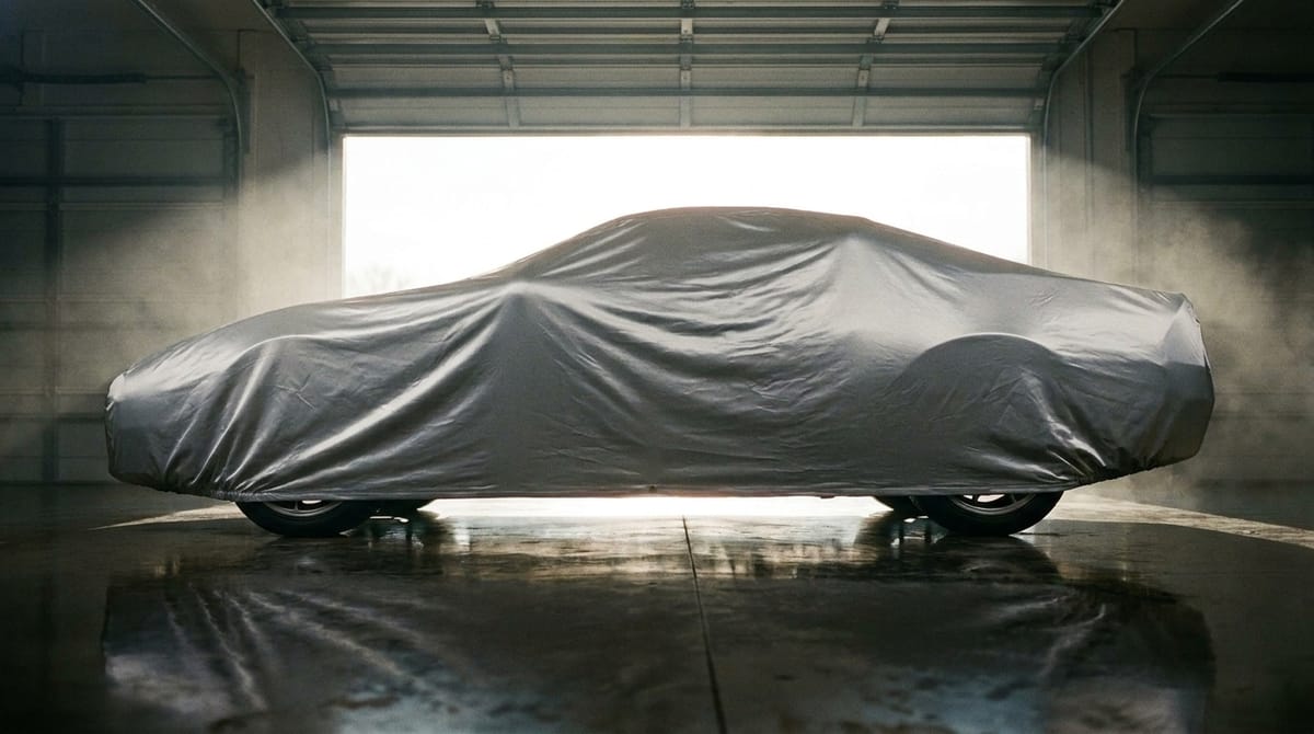 A car under a silver AllGuard Platinum Shield cover in a garage doorway, backlit