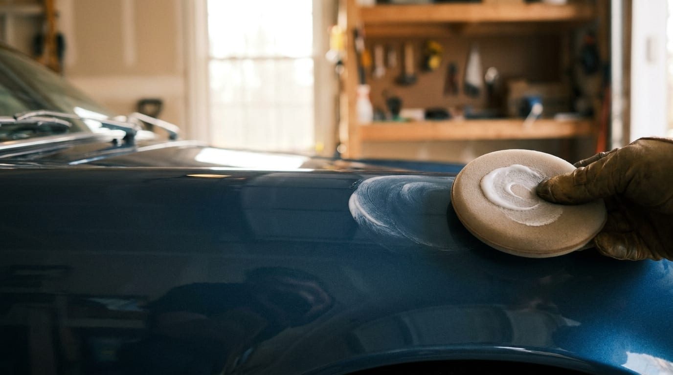 A gloved hand working wax onto the blue front fender of a car with a round foam applicator pad, in a home garage